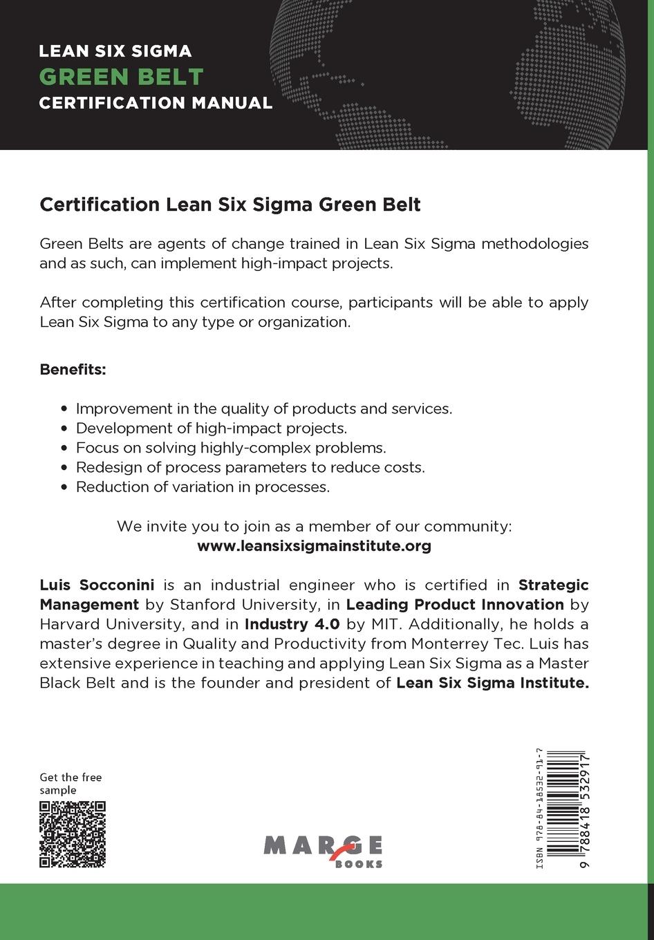 Rückseitencover Lean Six Sigma Green Belt. Certification Manual