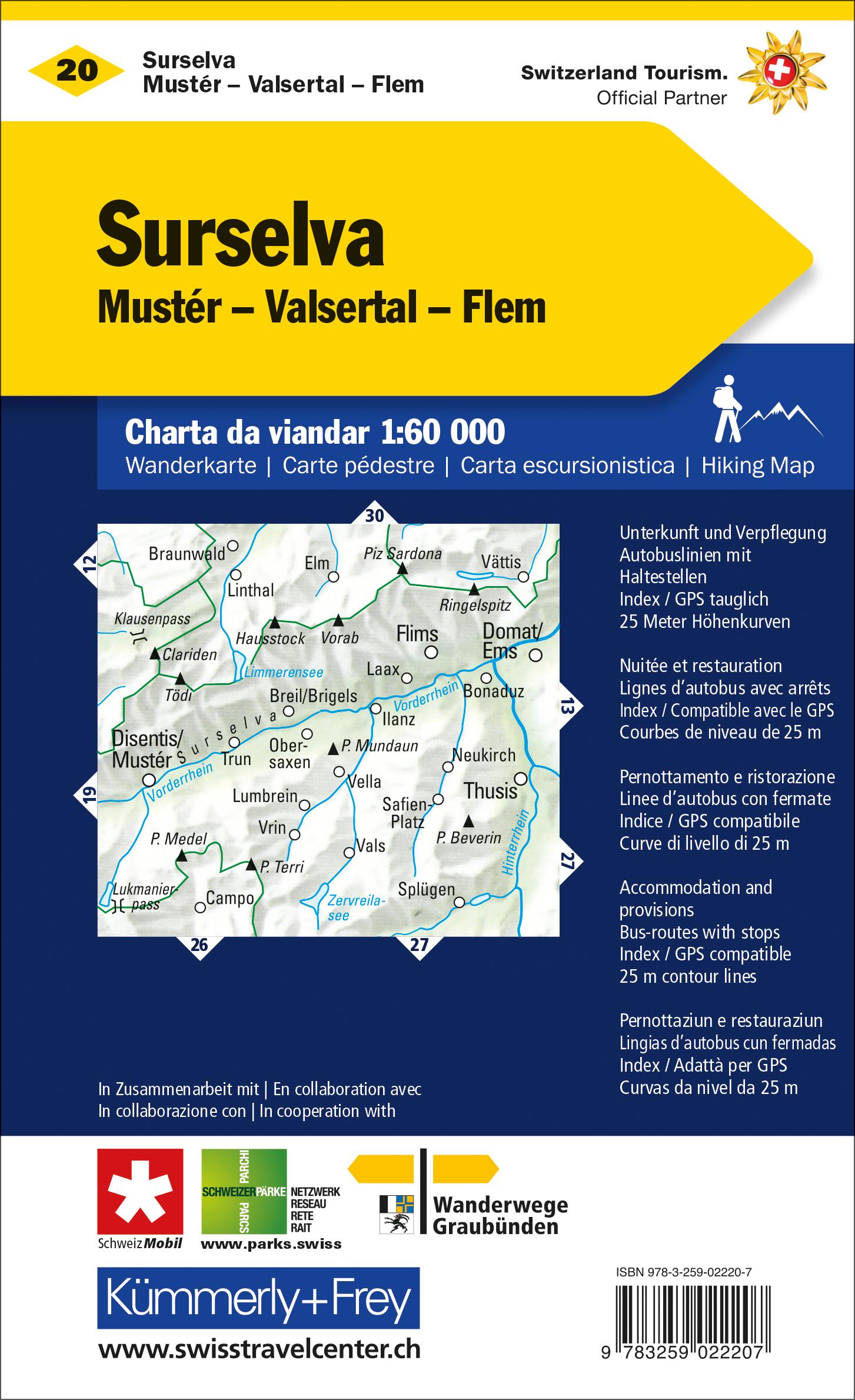 Rückseitencover Surselva Nr. 20 Disentis - Walsertal - Flims, Wanderkarte 1:60 000