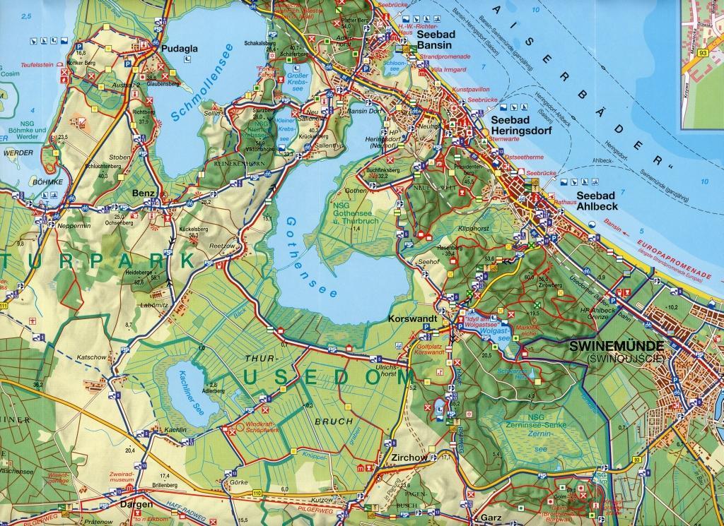 Beispielinhalt (Bild) Usedom mit Ortsplänen von Peenemünde, Karlshagen, Trassenheide, Zinnowitz, Zempin, Koserow, Loddin, Ückeritz, Usedom, Bansin, Heringsdorf, Ahlbeck und Swinemünde
