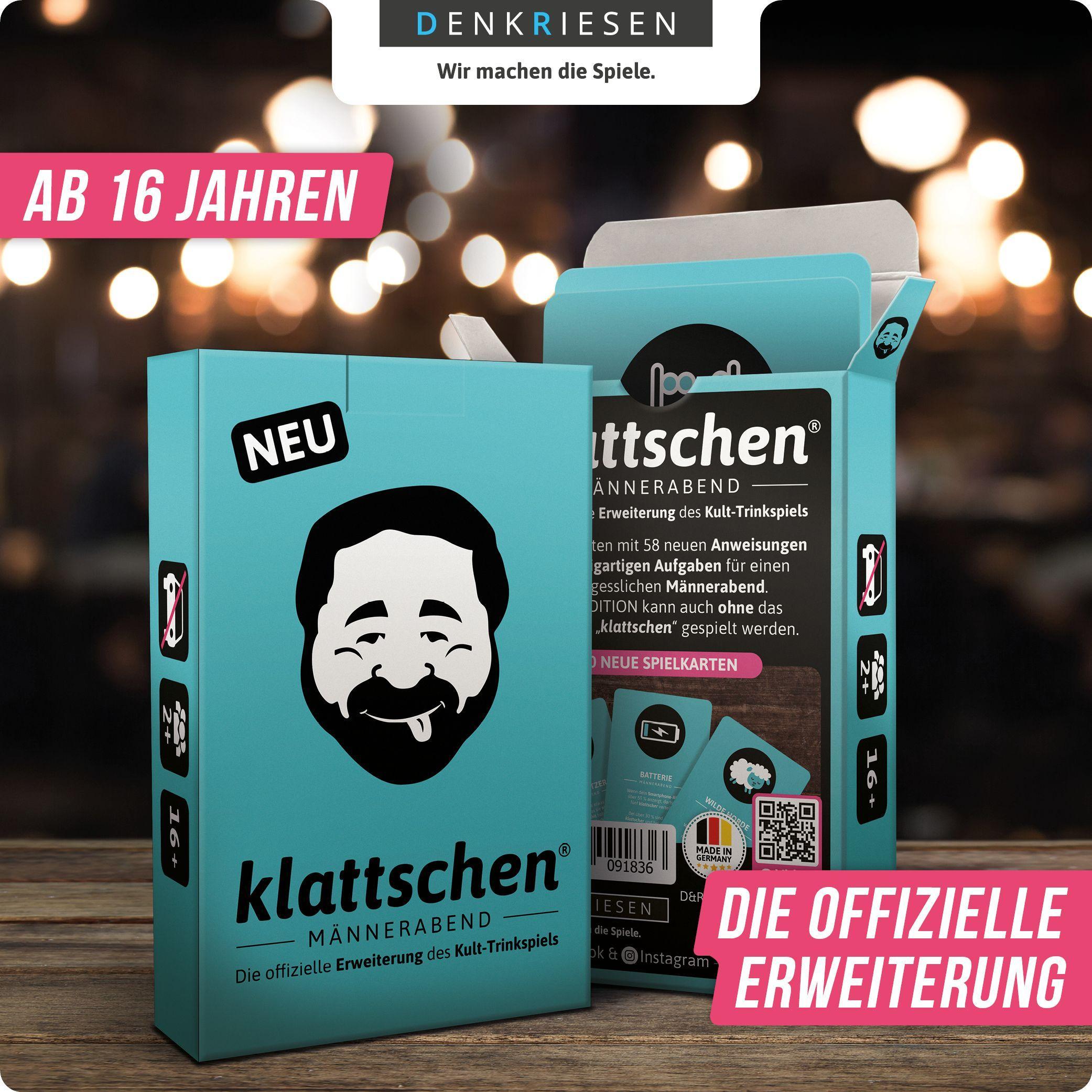 Beispielinhalt (Bild) DENKRIESEN - klattschen® - Männerabend - SPIELKARTENKARTON "Das wahrscheinlich beste Trinkspiel aller Zeiten"