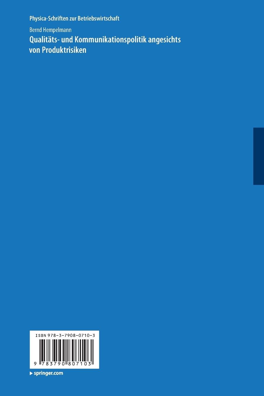 Rückseitencover Qualitäts- und Kommunikationspolitik angesichts von Produktrisiken