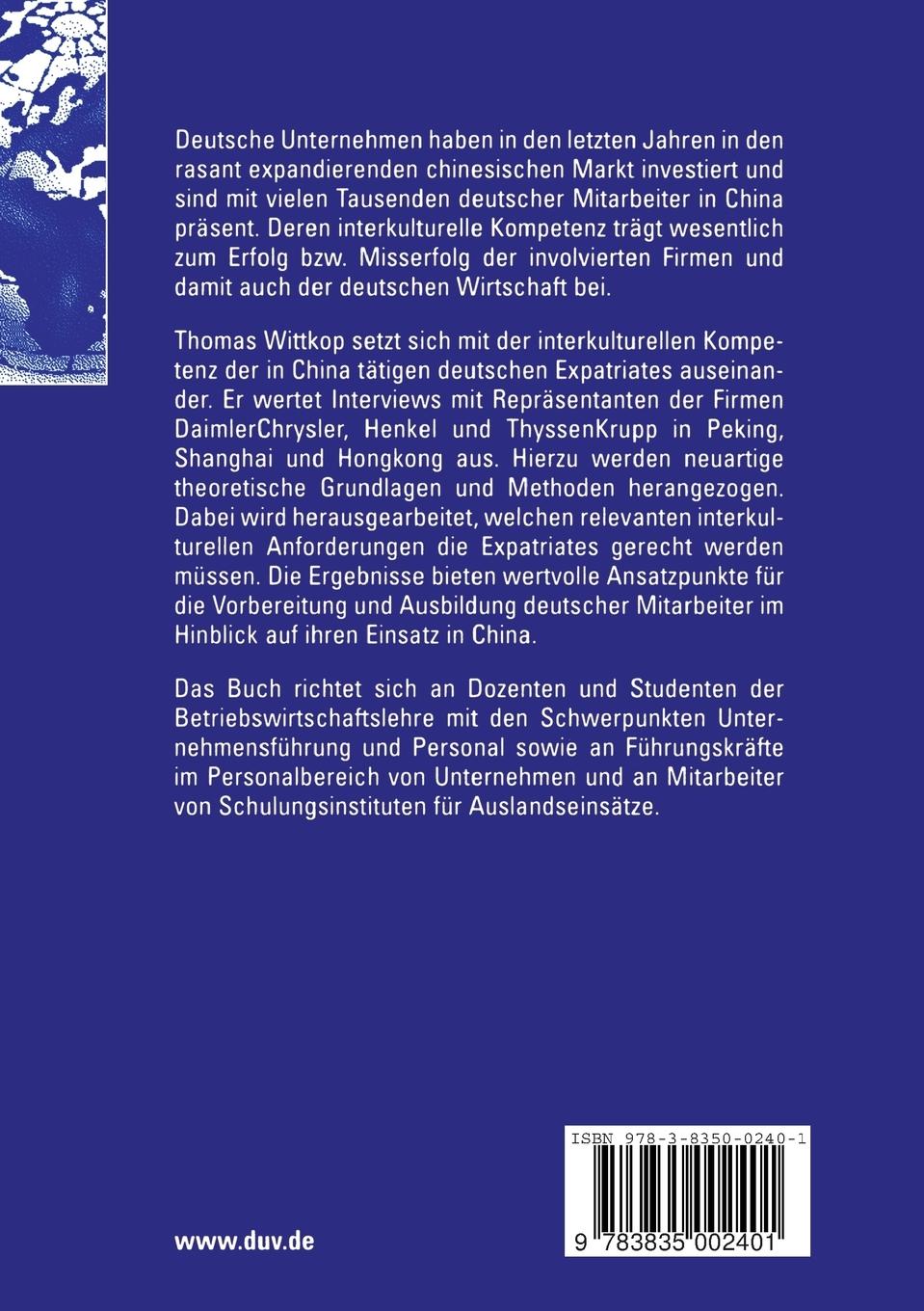Rückseitencover Interkulturelle Kompetenz deutscher Expatriates in China
