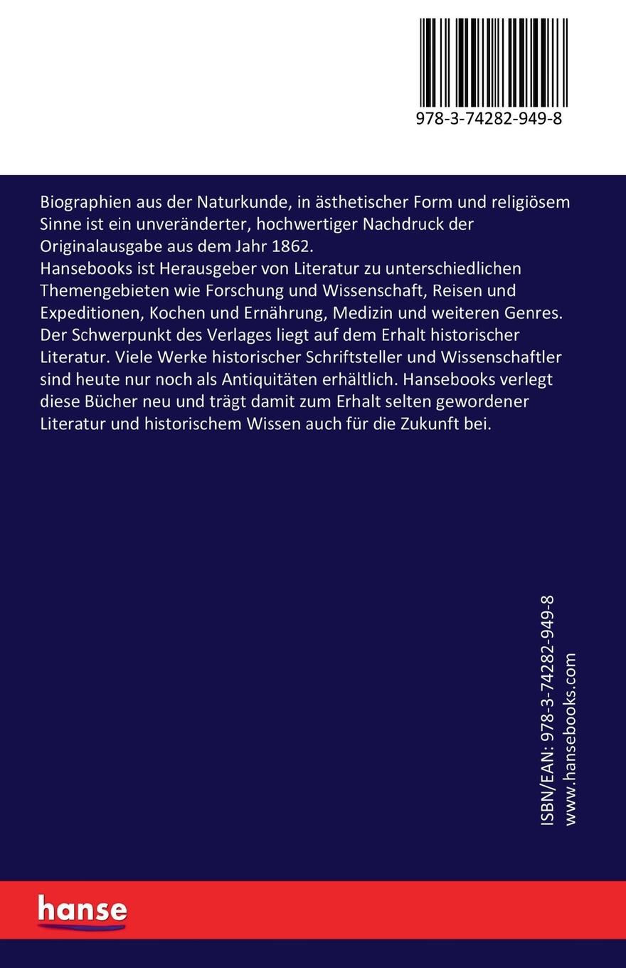 Rückseitencover Biographien aus der Naturkunde, in ästhetischer Form und religiösem Sinne