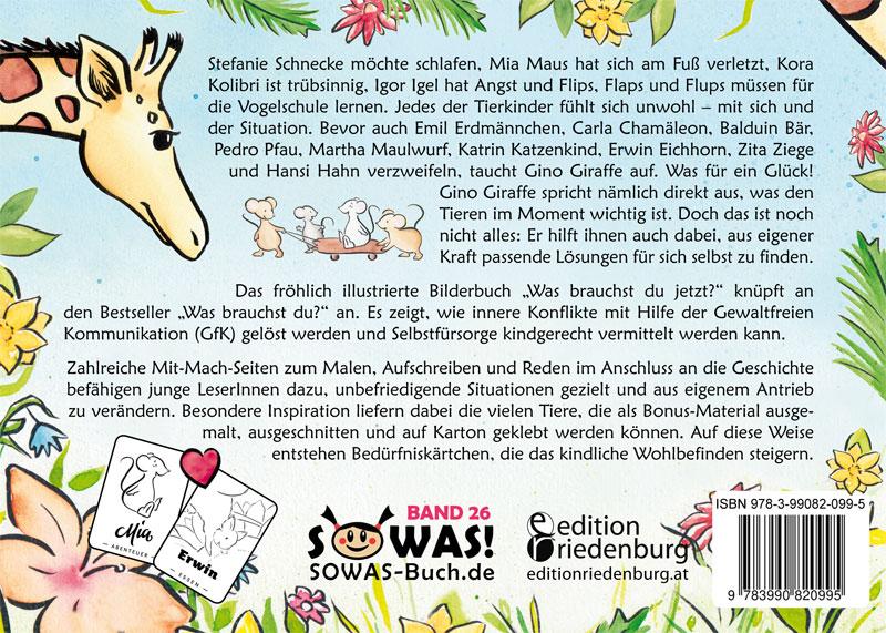 Rückseitencover Was brauchst du jetzt? Mit der Giraffensprache und Gewaltfreier Kommunikation Selbstfürsorge kindgerecht vermitteln