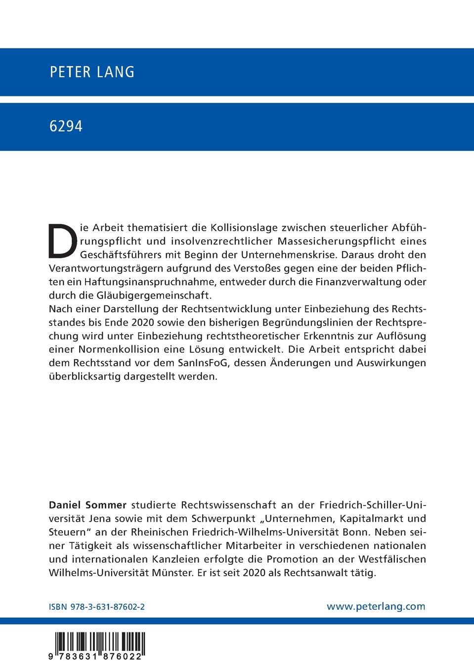 Rückseitencover Die Pflichtenkollision zwischen steuerlichen Abführungspflichten und insolvenzrechtlicher Massesicherungspflicht