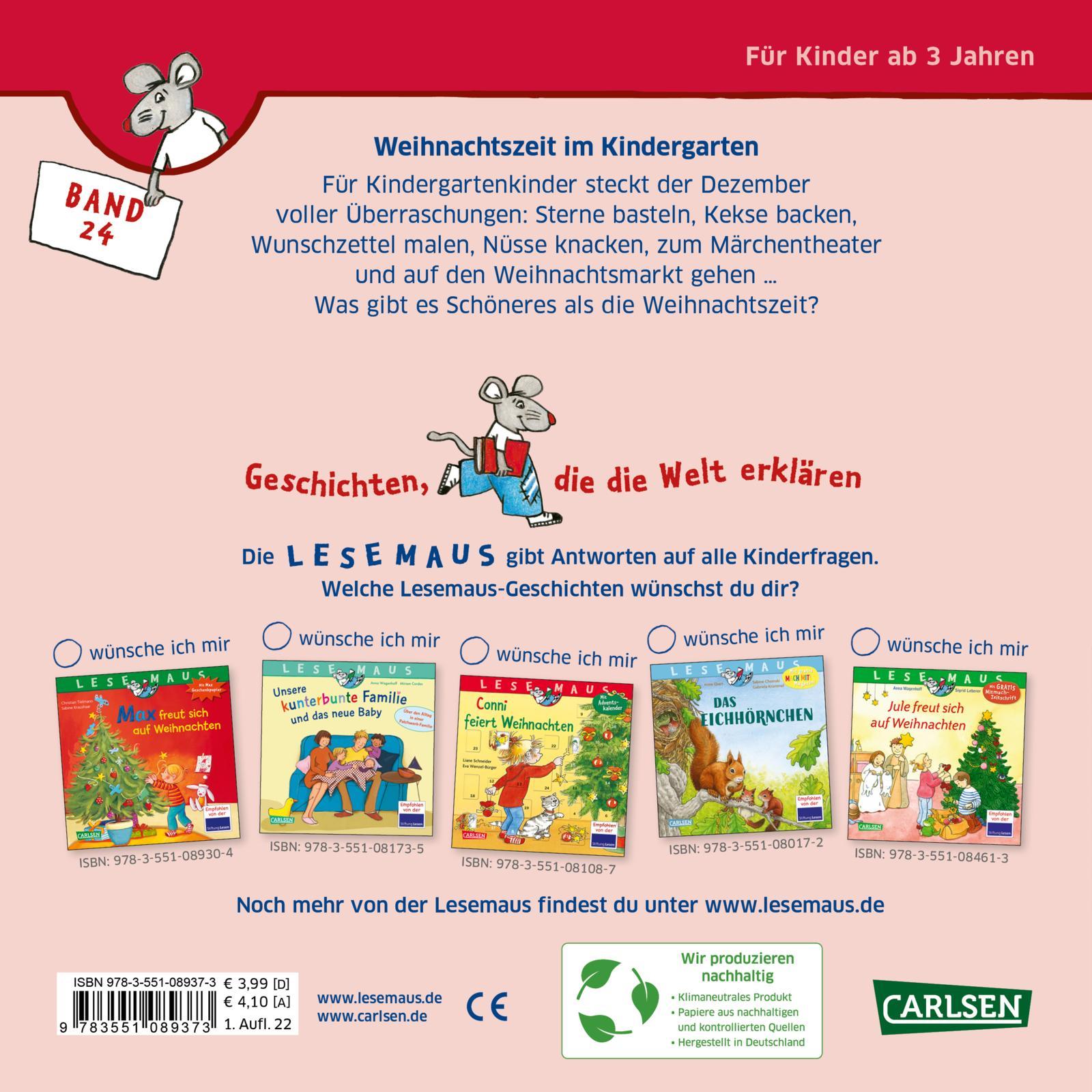 Rückseitencover LESEMAUS 24: Weihnachtszeit im Kindergarten