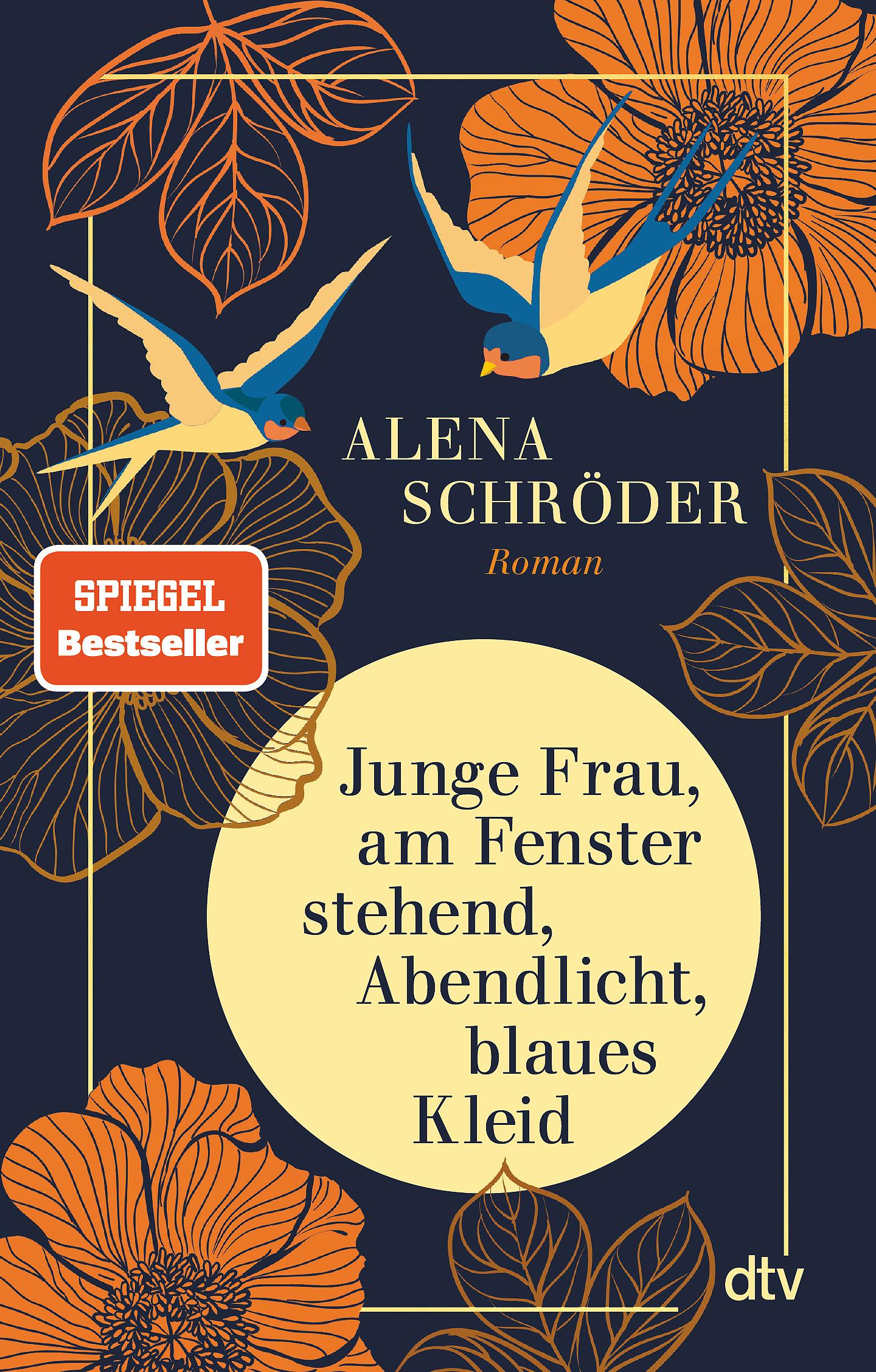 Vorderes Coverbild Junge Frau, am Fenster stehend, Abendlicht, blaues Kleid