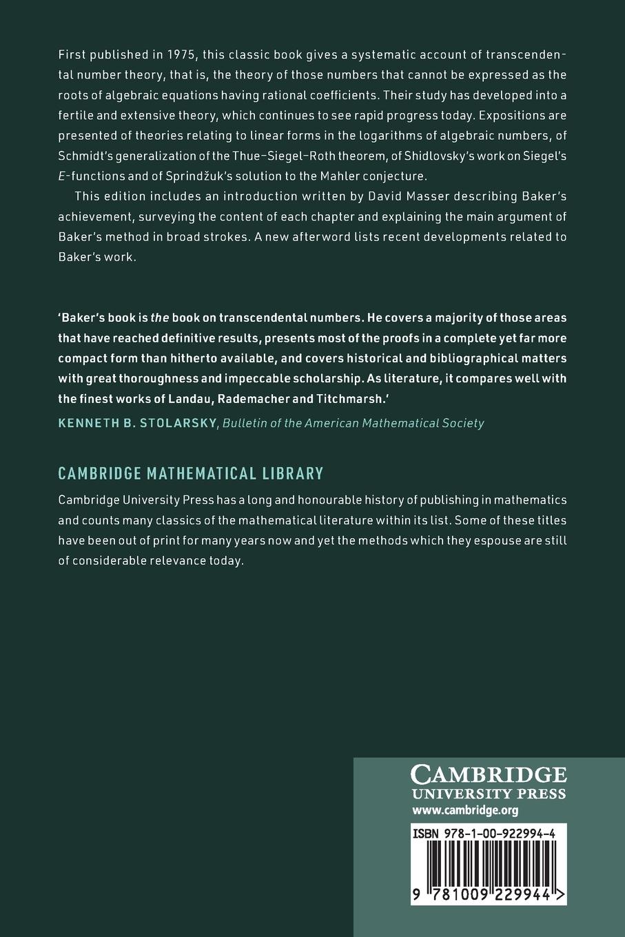 Rückseitencover Transcendental Number Theory