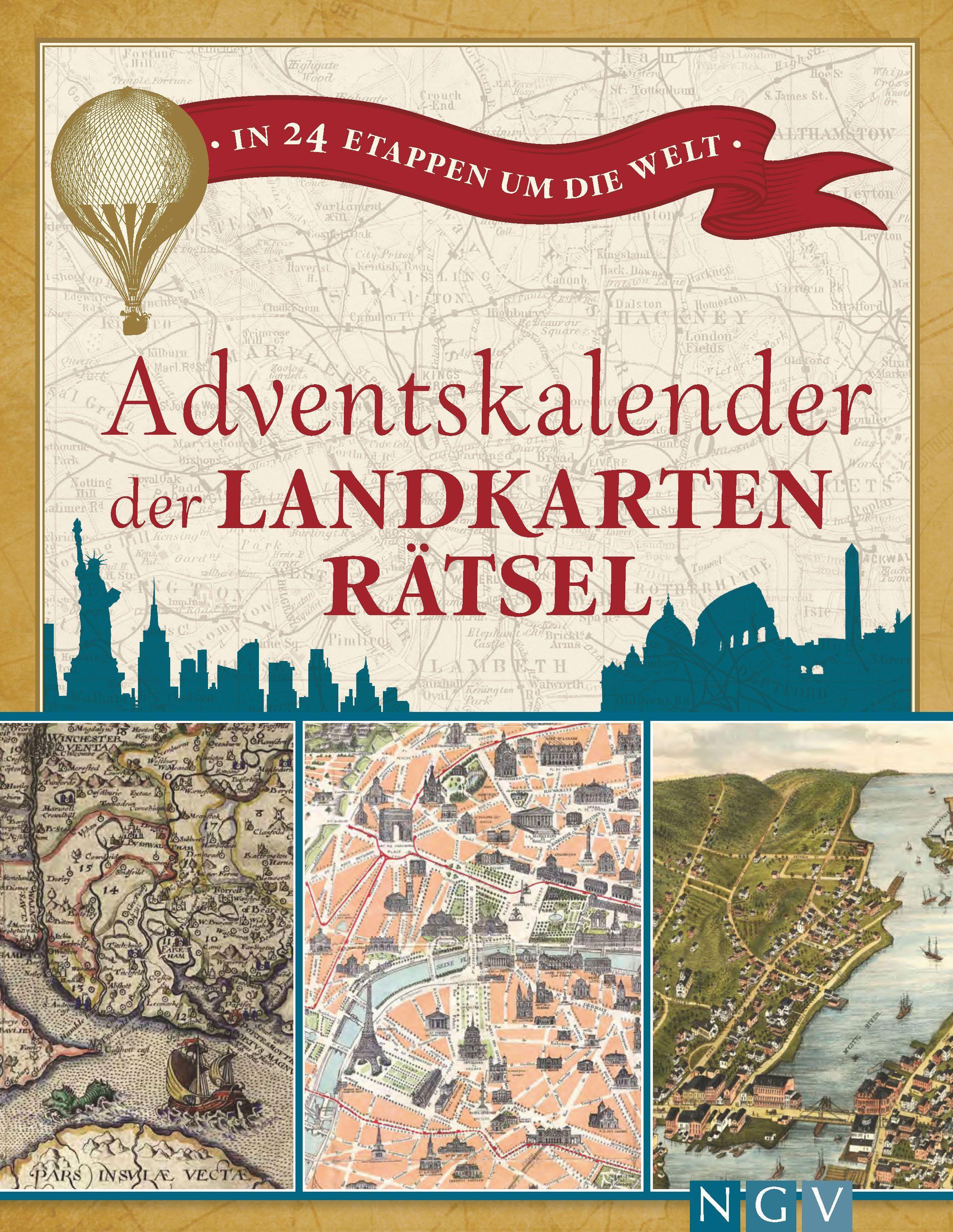 Vorderes Coverbild Adventskalender der Landkartenrätsel. In 24 Etappen um die Welt
