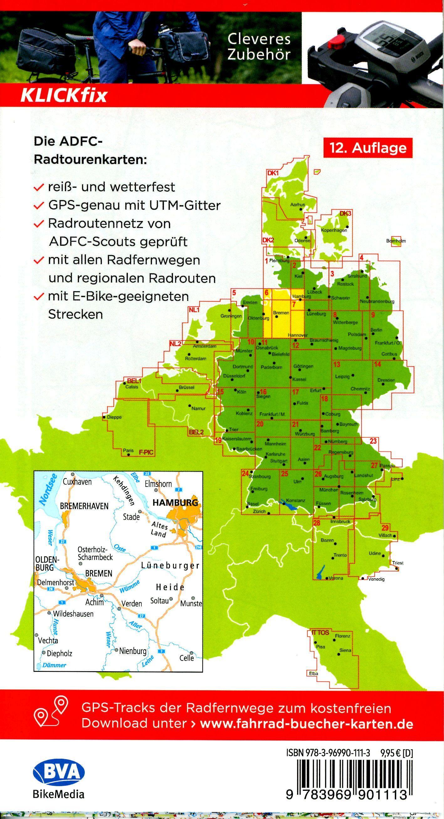 Beispielinhalt (Bild) ADFC-Radtourenkarte 6 Zwischen Elbe und Weser 1:150.000, reiß- und wetterfest, E-Bike geeignet, GPS-Tracks Download, mit Bett+Bike-Symbolen, mit Kilometer-Angaben