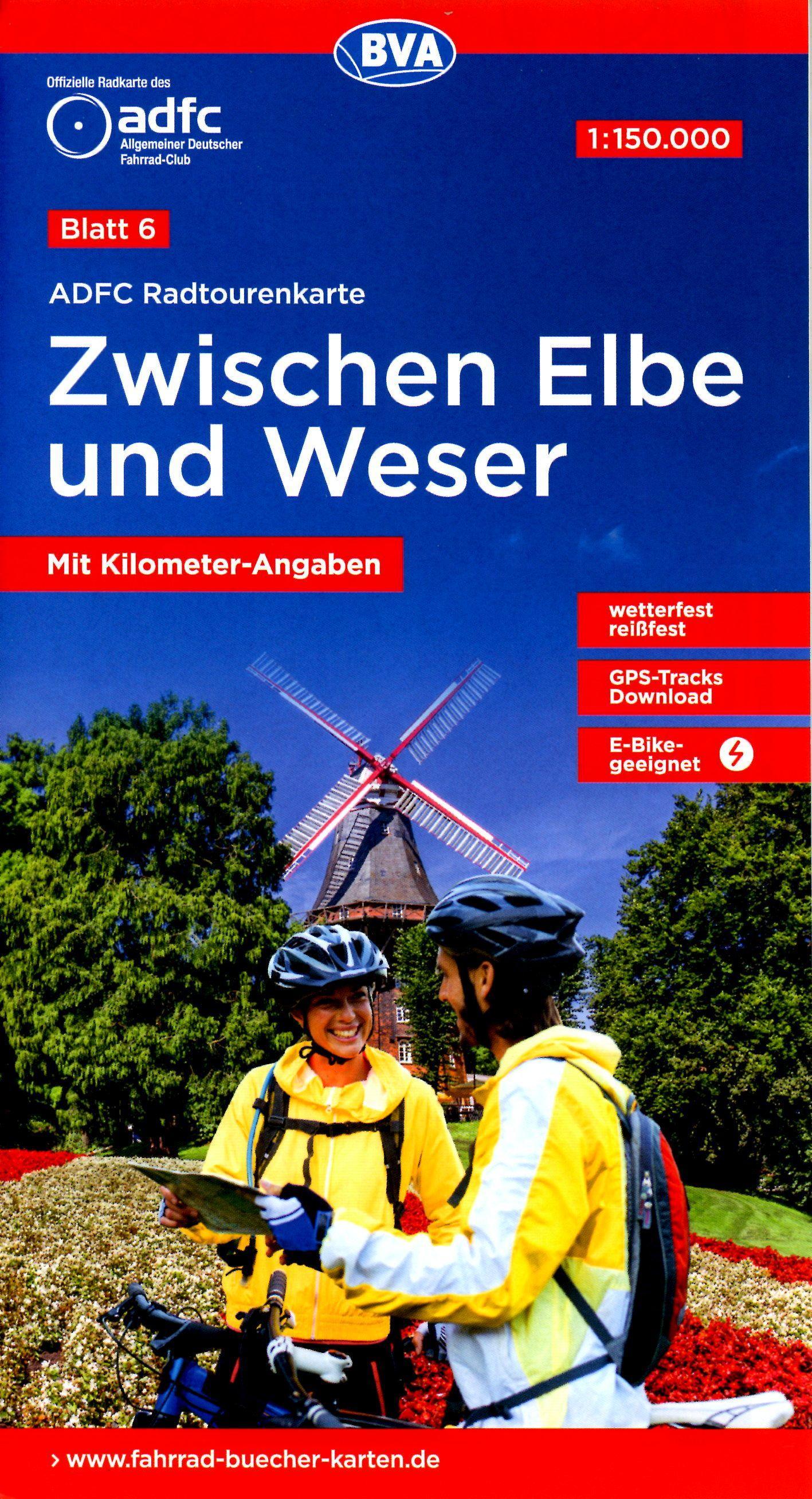 Vorderes Coverbild ADFC-Radtourenkarte 6 Zwischen Elbe und Weser 1:150.000, reiß- und wetterfest, E-Bike geeignet, GPS-Tracks Download, mit Bett+Bike-Symbolen, mit Kilometer-Angaben