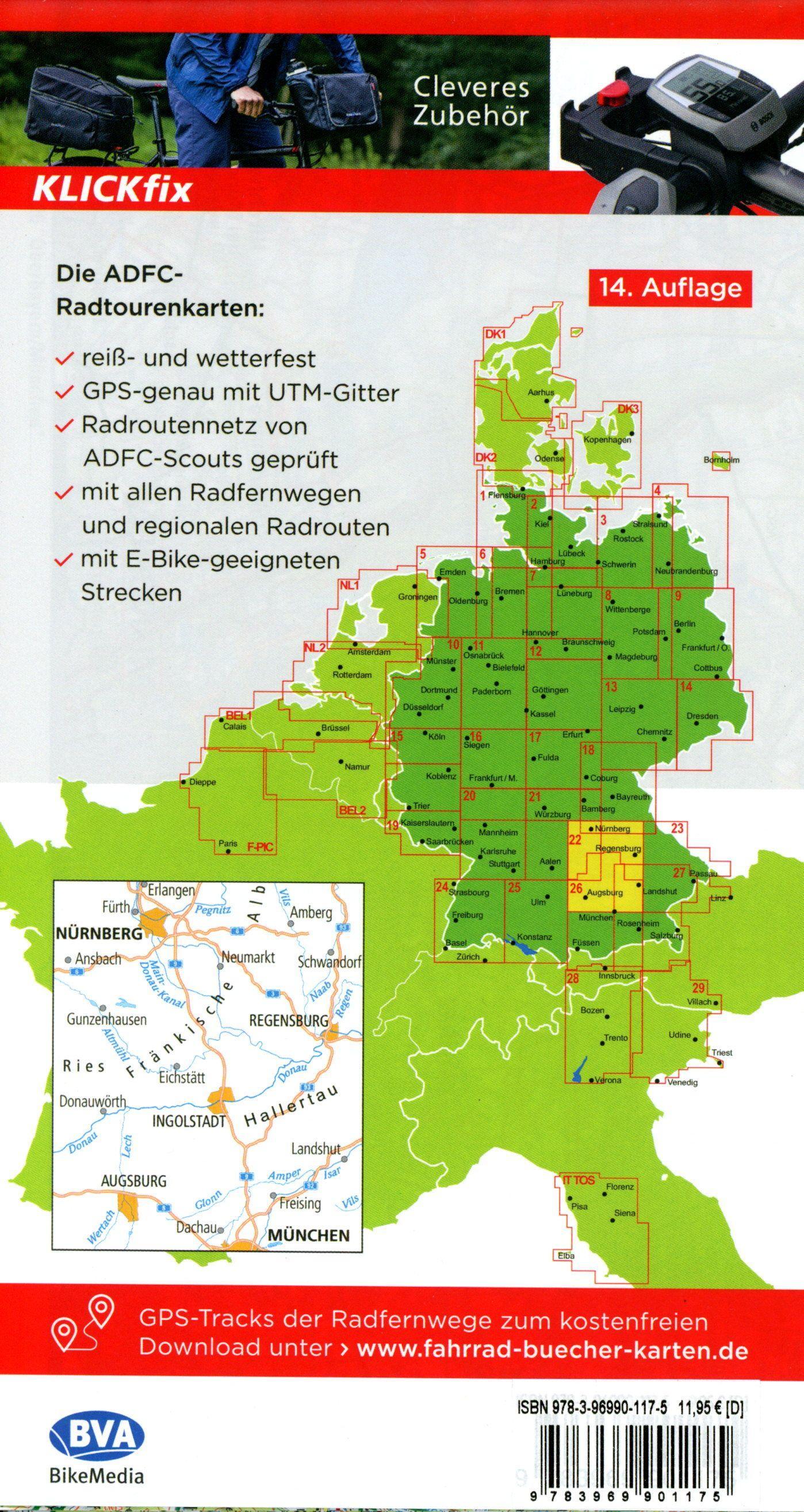 Beispielinhalt (Bild) ADFC-Radtourenkarte 22 Fränkische Alb Altmühltal 1:150.000, reiß- und wetterfest, E-Bike geeignet, GPS-Tracks Download, mit Bett+Bike Symbolen, mit Kilometer-Angaben