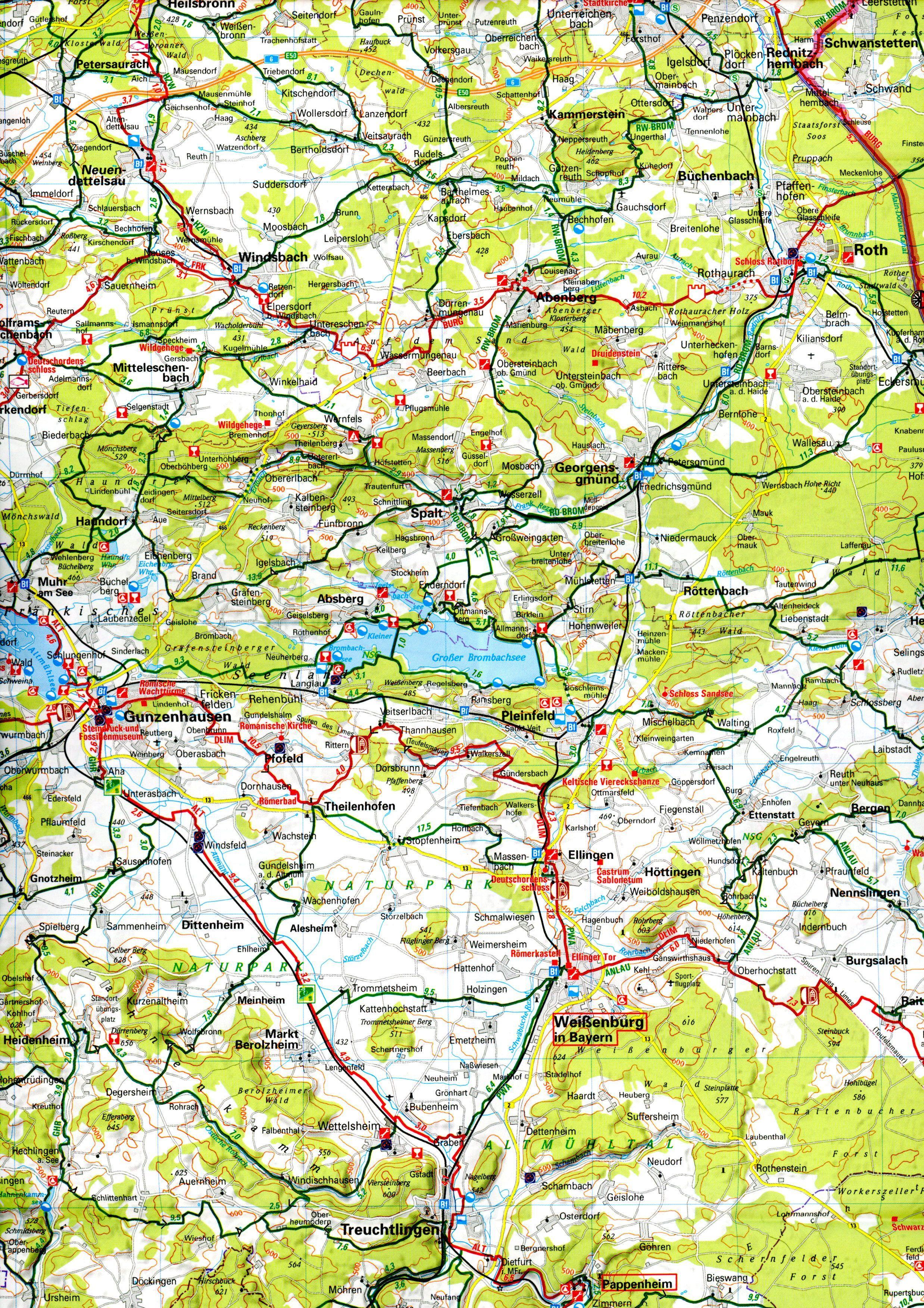 Beispielinhalt (Bild) ADFC-Radtourenkarte 22 Fränkische Alb Altmühltal 1:150.000, reiß- und wetterfest, E-Bike geeignet, GPS-Tracks Download, mit Bett+Bike Symbolen, mit Kilometer-Angaben