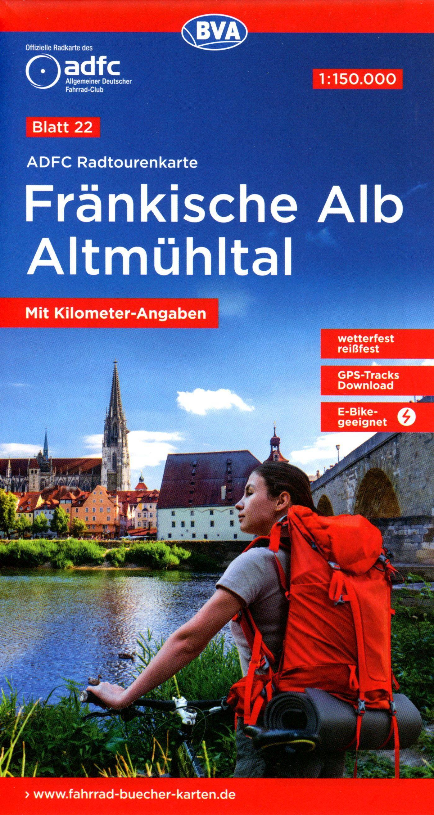 Vorderes Coverbild ADFC-Radtourenkarte 22 Fränkische Alb Altmühltal 1:150.000, reiß- und wetterfest, E-Bike geeignet, GPS-Tracks Download, mit Bett+Bike Symbolen, mit Kilometer-Angaben
