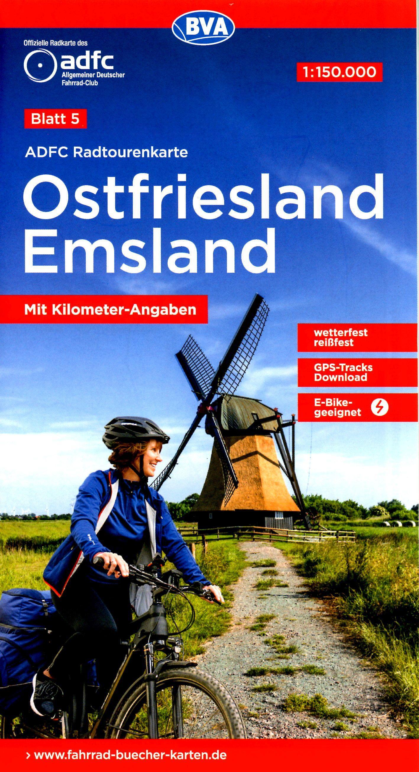 Vorderes Coverbild ADFC-Radtourenkarte 5 Ostfriesland / Emsland 1:150.000, reiß- und wetterfest, E-Bike geeignet, GPS-Tracks Download, mit Bett+Bike-Symbolen, mit Kilometer-Angaben