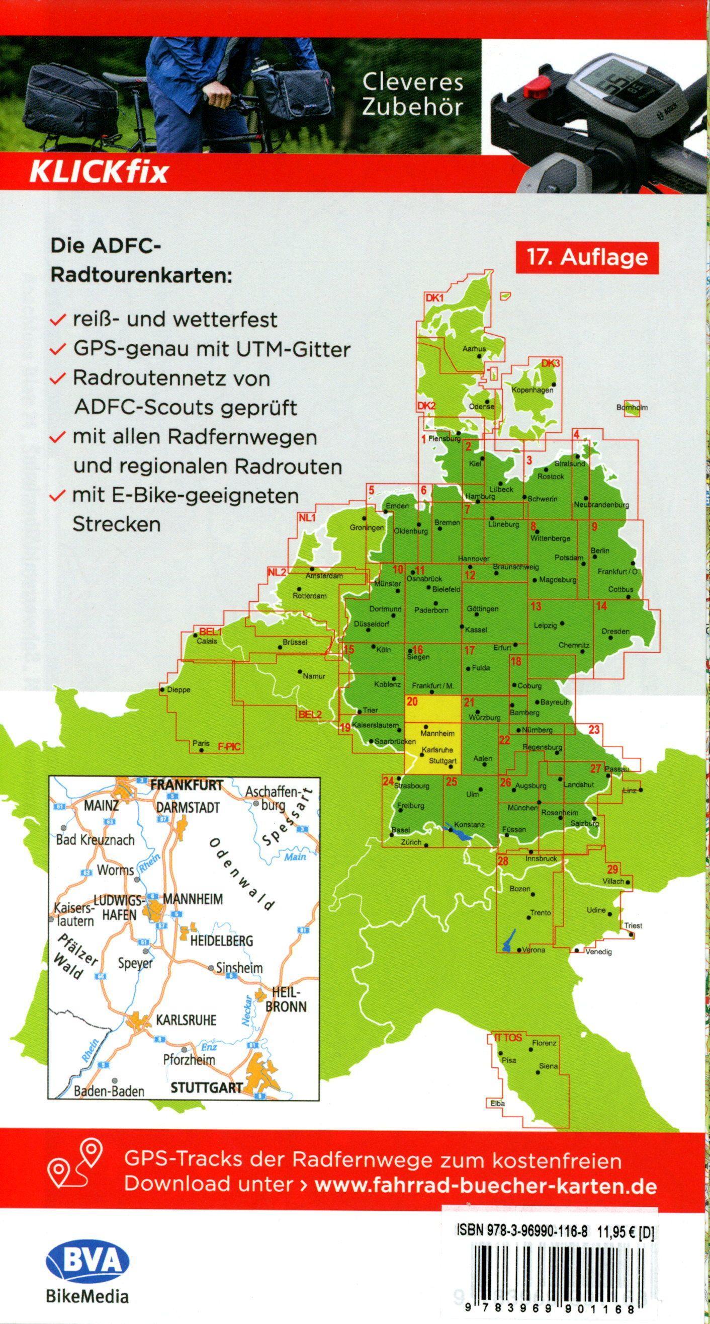 Beispielinhalt (Bild) ADFC-Radtourenkarte 20 Rhein /Neckar 1:150.000, reiß- und wetterfest, E-Bike geeignet, GPS-Tracks Download, mit Bett+Bike Symbolen, mit Kilometer-Angaben