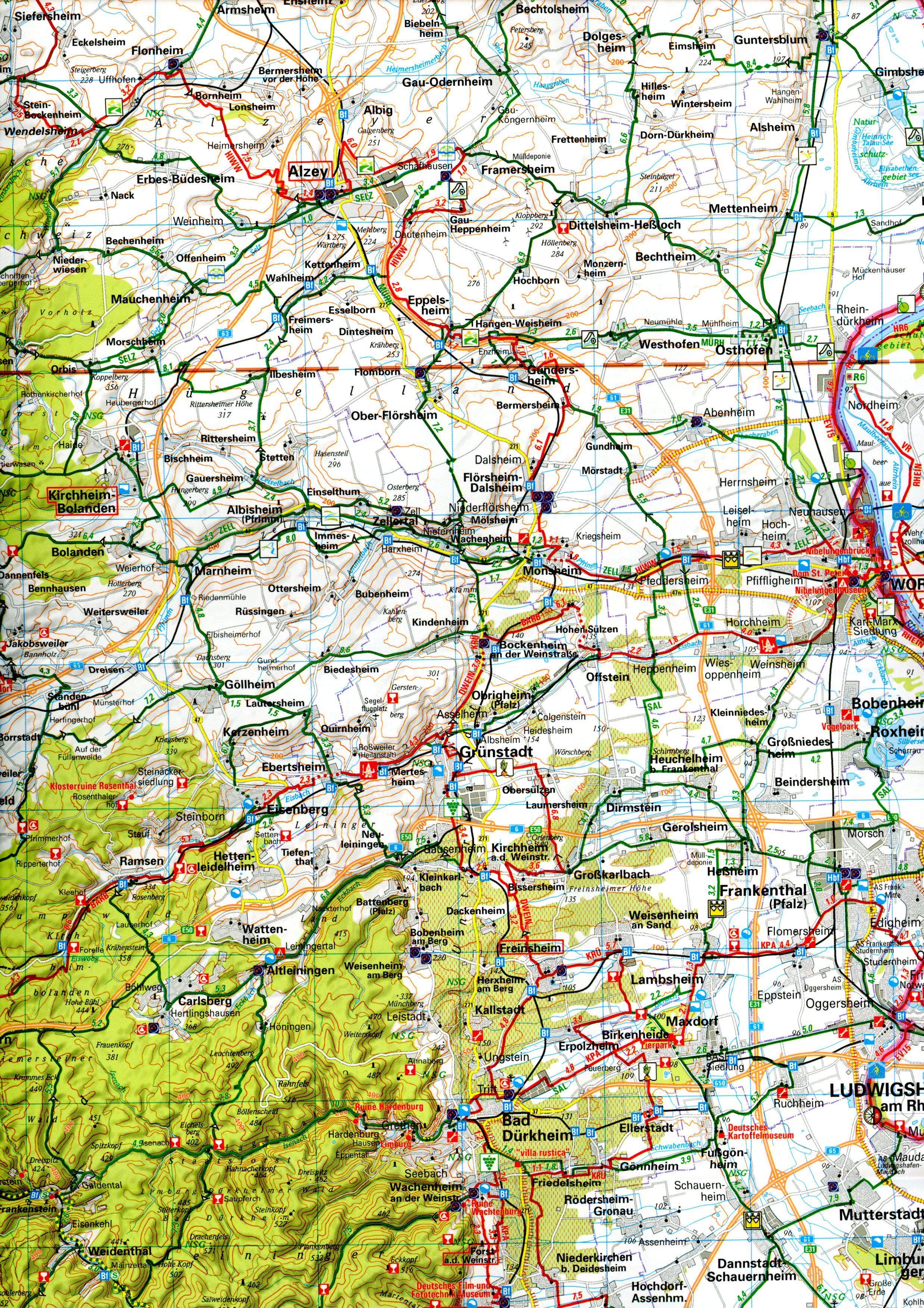 Beispielinhalt (Bild) ADFC-Radtourenkarte 20 Rhein /Neckar 1:150.000, reiß- und wetterfest, E-Bike geeignet, GPS-Tracks Download, mit Bett+Bike Symbolen, mit Kilometer-Angaben