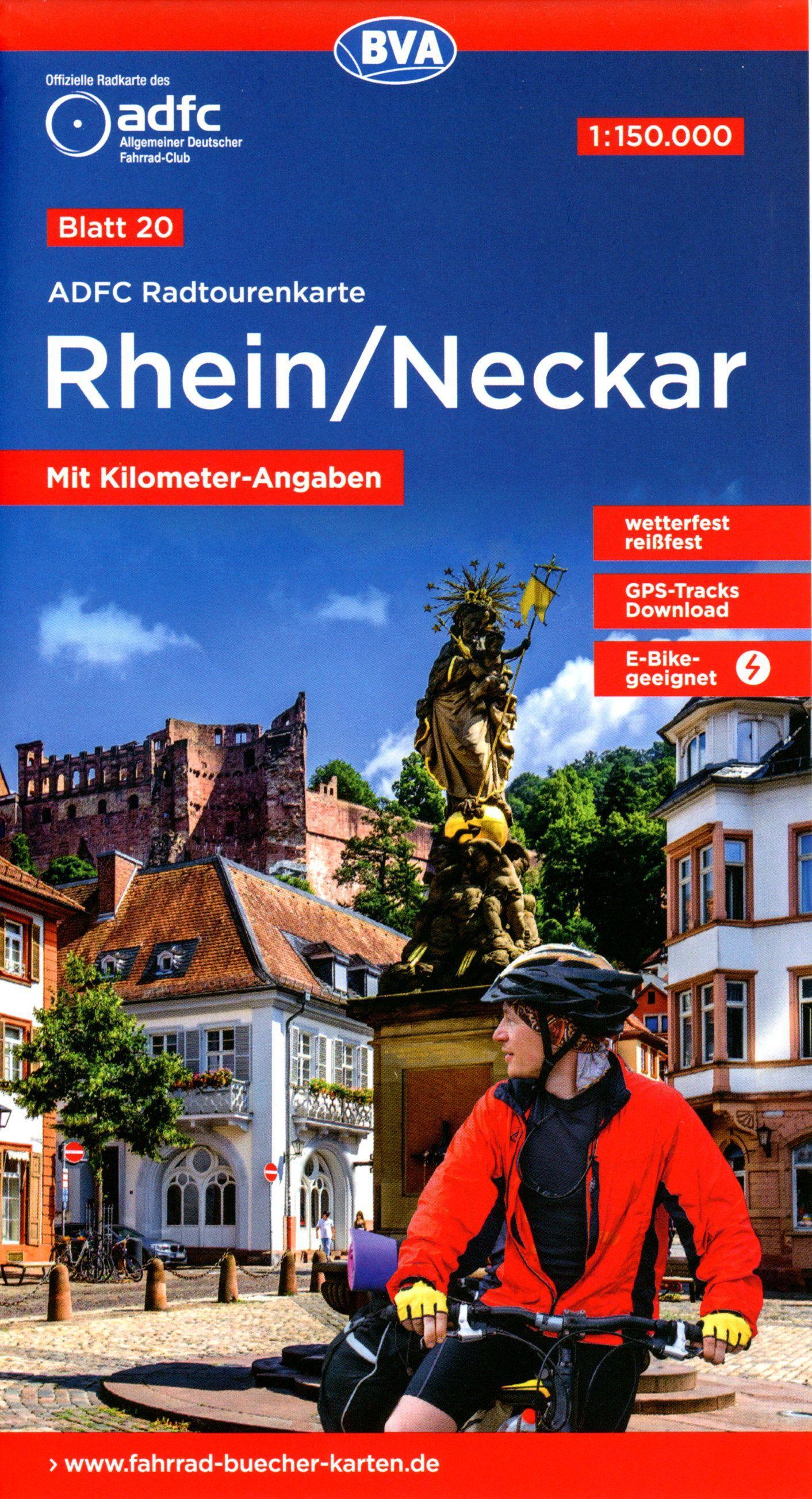 Vorderes Coverbild ADFC-Radtourenkarte 20 Rhein /Neckar 1:150.000, reiß- und wetterfest, E-Bike geeignet, GPS-Tracks Download, mit Bett+Bike Symbolen, mit Kilometer-Angaben