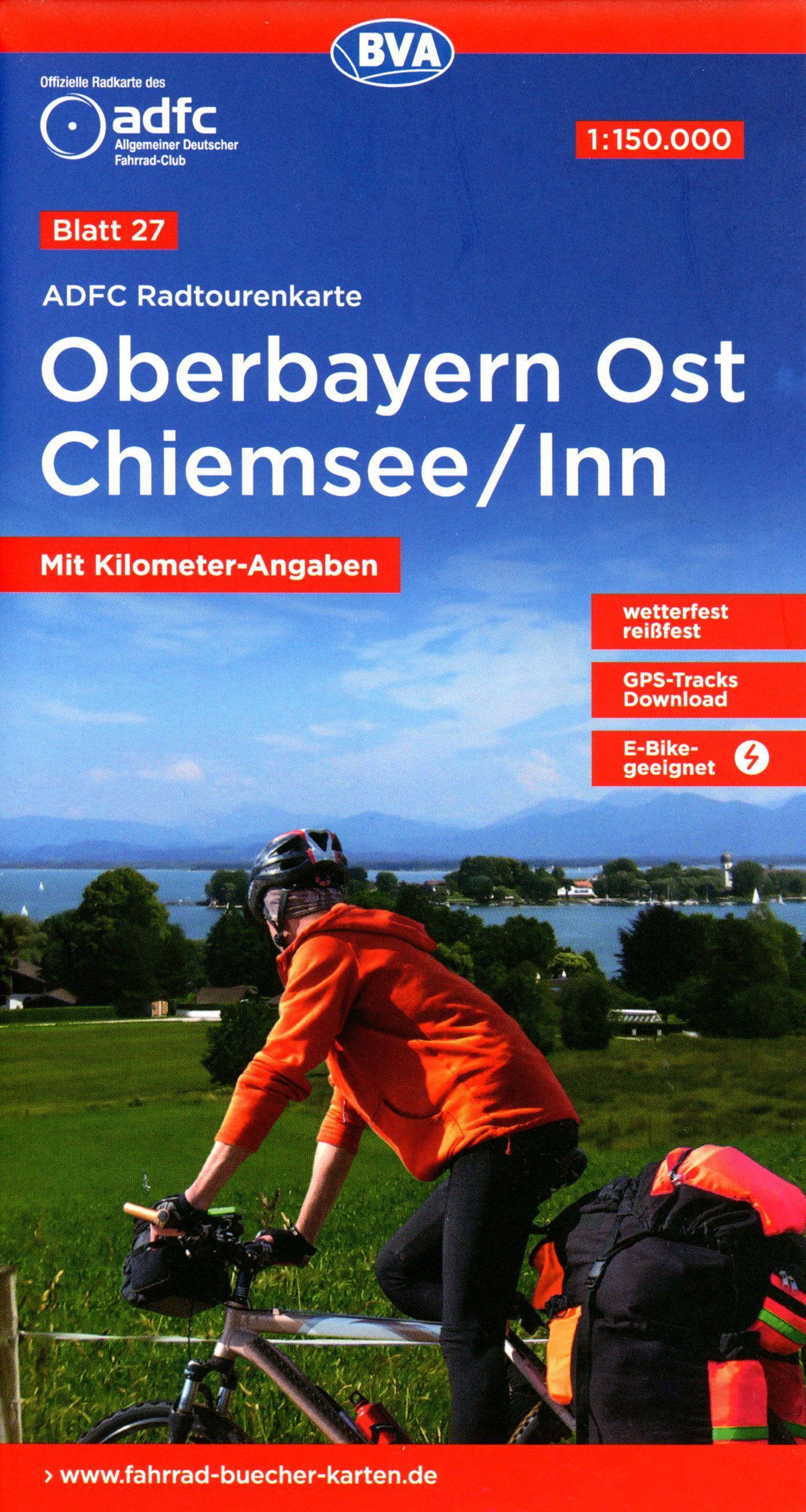 Vorderes Coverbild ADFC-Radtourenkarte 27 Oberbayern Ost Chiemsee/Inn 1:150.000, reiß- und wetterfest, E-Bike geeignet, GPS-Tracks Download, mit Bett+Bike Symbolen, mit Kilometer-Angaben