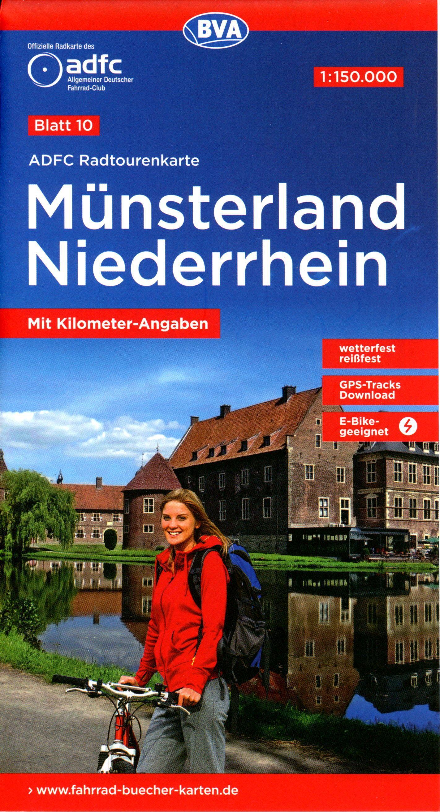 Vorderes Coverbild ADFC-Radtourenkarte 10 Münsterland Niederrhein 1:150.000, reiß- und wetterfest, E-Bike geeignet, GPS-Tracks Download, mit Bett+Bike-Symbolen, mit Kilometer-Angaben
