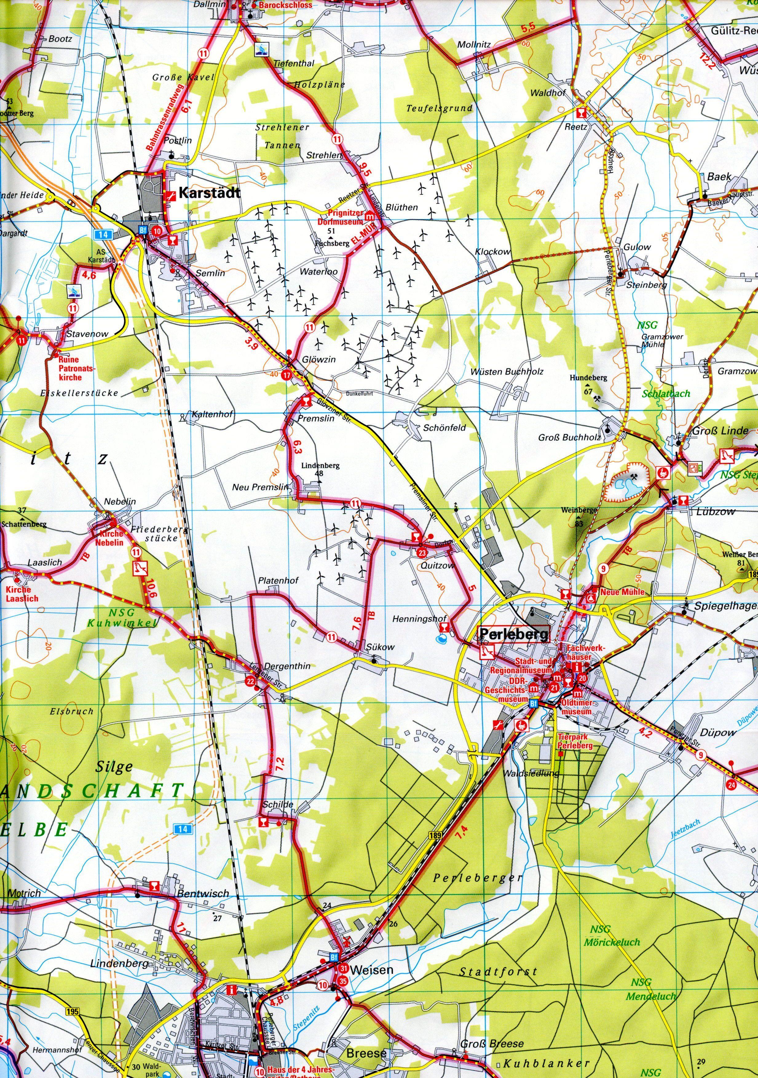 Beispielinhalt (Bild) ADFC-Regionalkarte Prignitz, 1:75.000, mit Tagestourenvorschlägen, reiß- und wetterfest, E-Bike-geeignet, mit Knotenpunkten, GPS-Tracks Download,