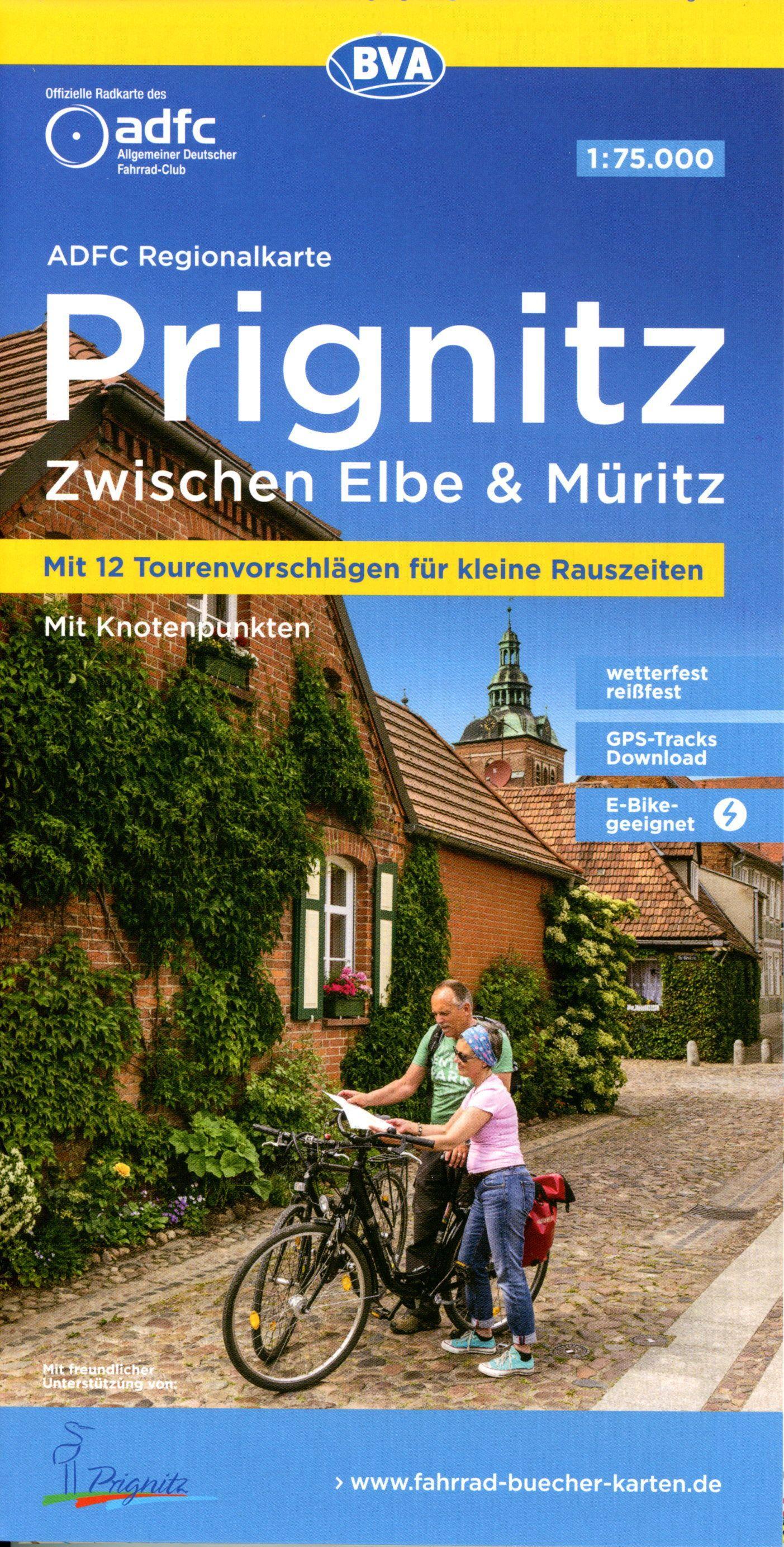 Vorderes Coverbild ADFC-Regionalkarte Prignitz, 1:75.000, mit Tagestourenvorschlägen, reiß- und wetterfest, E-Bike-geeignet, mit Knotenpunkten, GPS-Tracks Download,