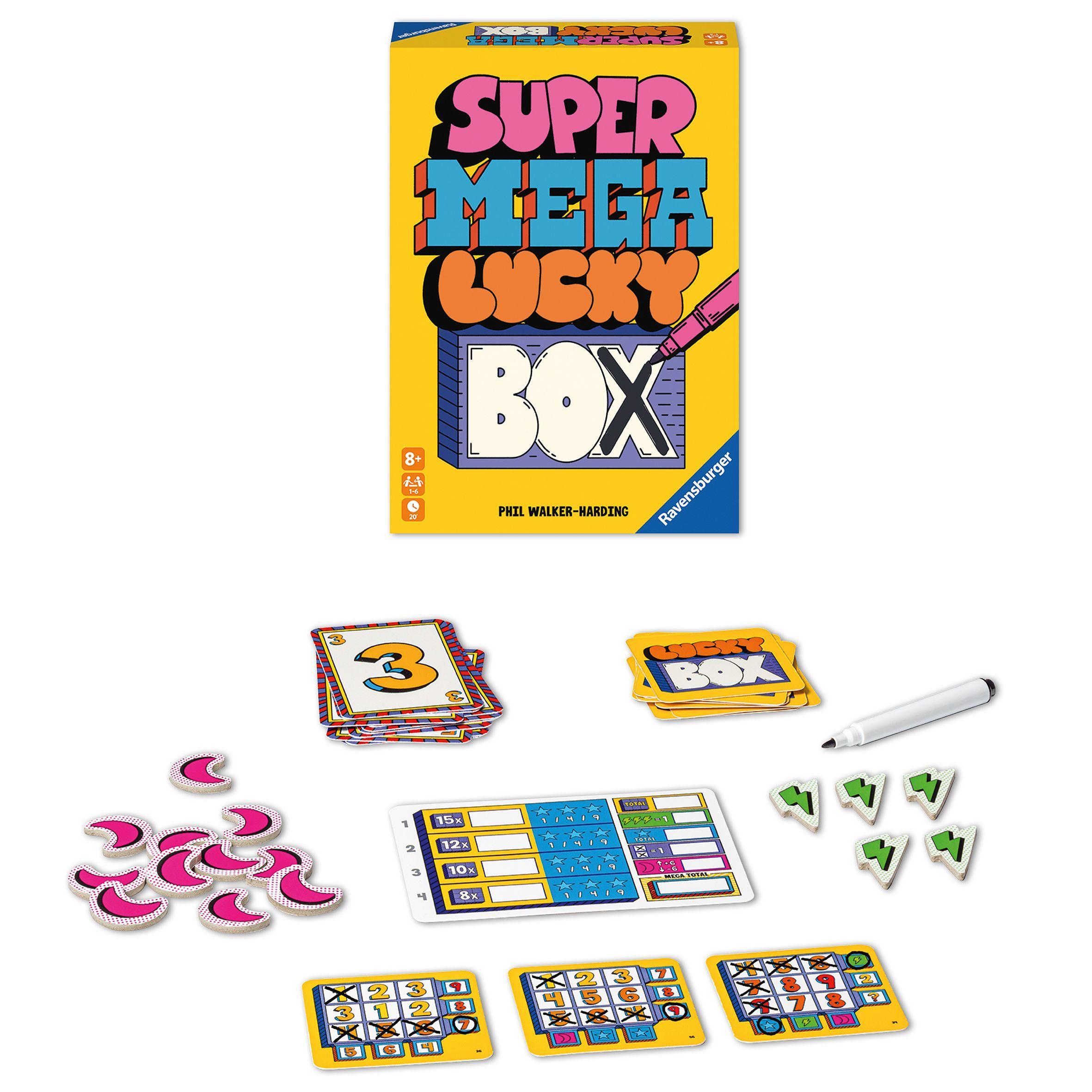 Beispielinhalt (Bild) Ravensburger 27367 - Super Mega Lucky Box - Schnelles Flip & Write Spiel für Erwachsene und Kinder ab 8 Jahren, für Spieleabende mit Freunden oder der Familie, für 1-6 Spieler