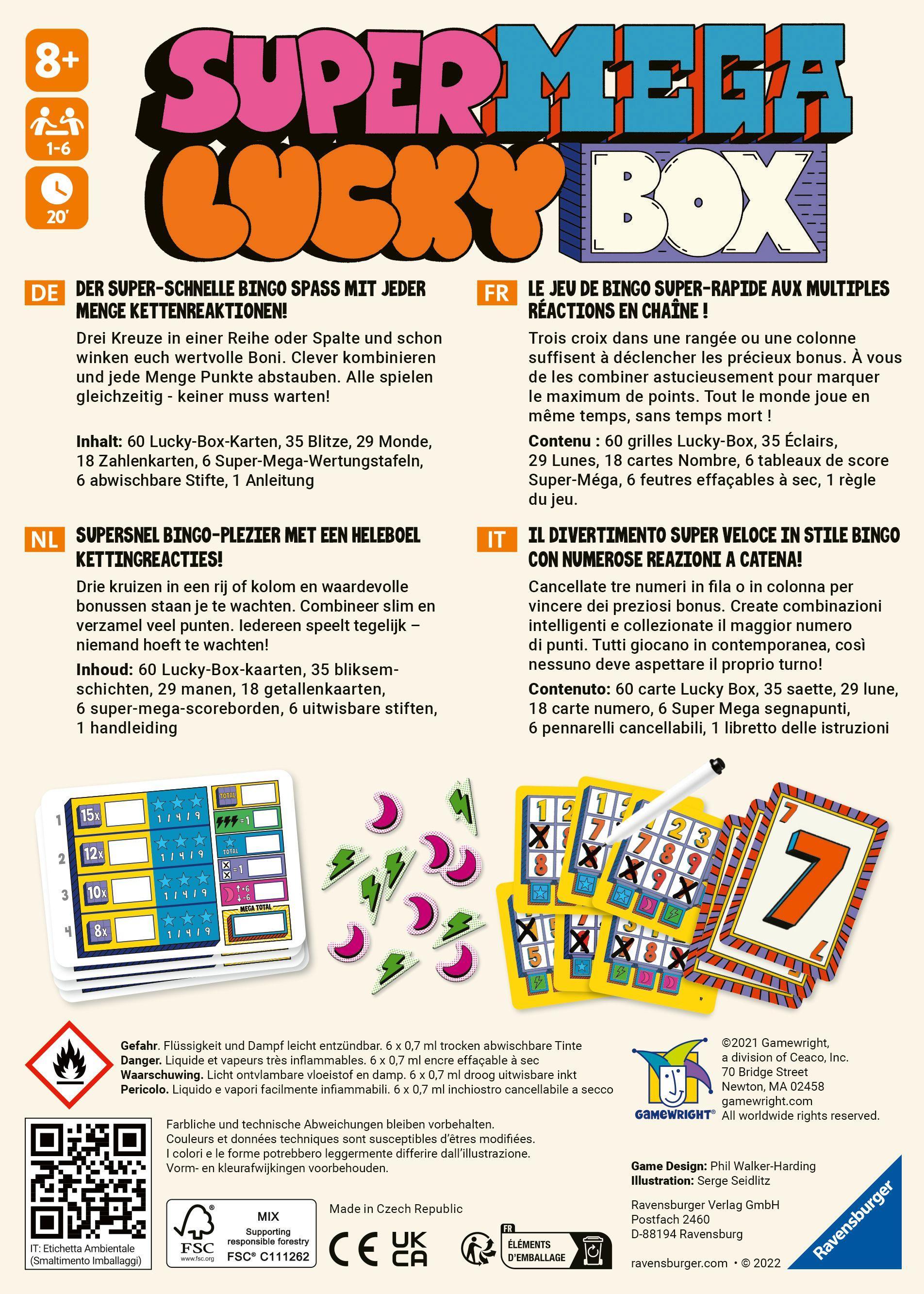 Beispielinhalt (Bild) Ravensburger 27367 - Super Mega Lucky Box - Schnelles Flip & Write Spiel für Erwachsene und Kinder ab 8 Jahren, für Spieleabende mit Freunden oder der Familie, für 1-6 Spieler