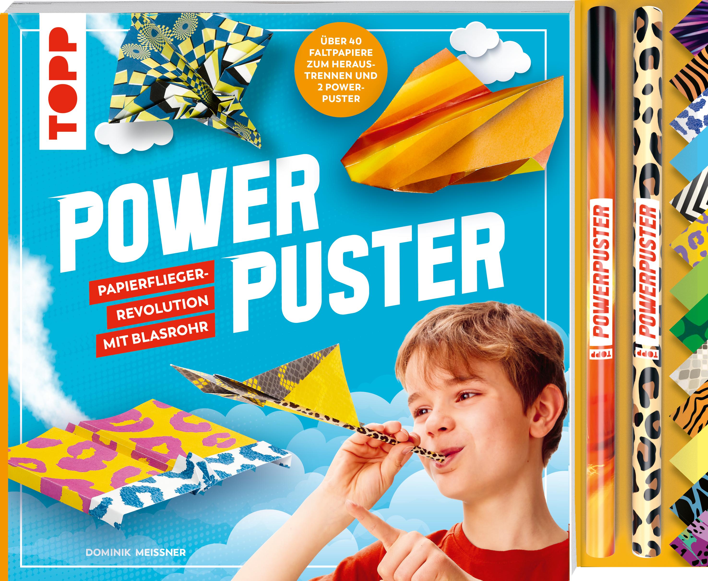 Vorderes Coverbild Powerpuster. Anleitungsbuch mit über 40 Faltblättern und 2 Blasrohren