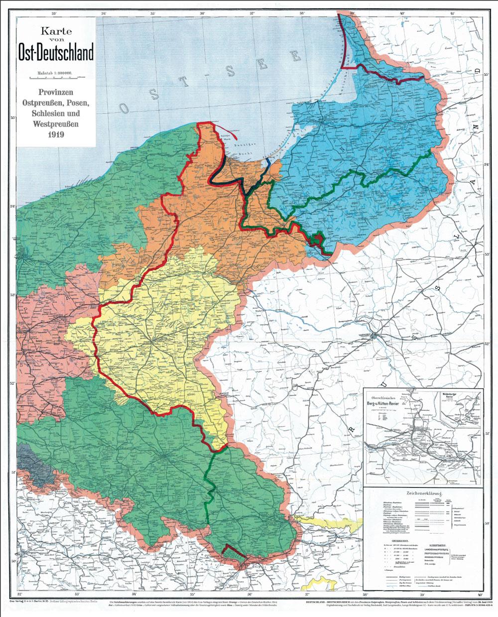 Vorderes Coverbild Historische Karte: DEUTSCHES REICH - Provinzen Ostpreußen, Westpreußen, Posen und Schlesien nach dem 28. Juni 1919 (gerollt)