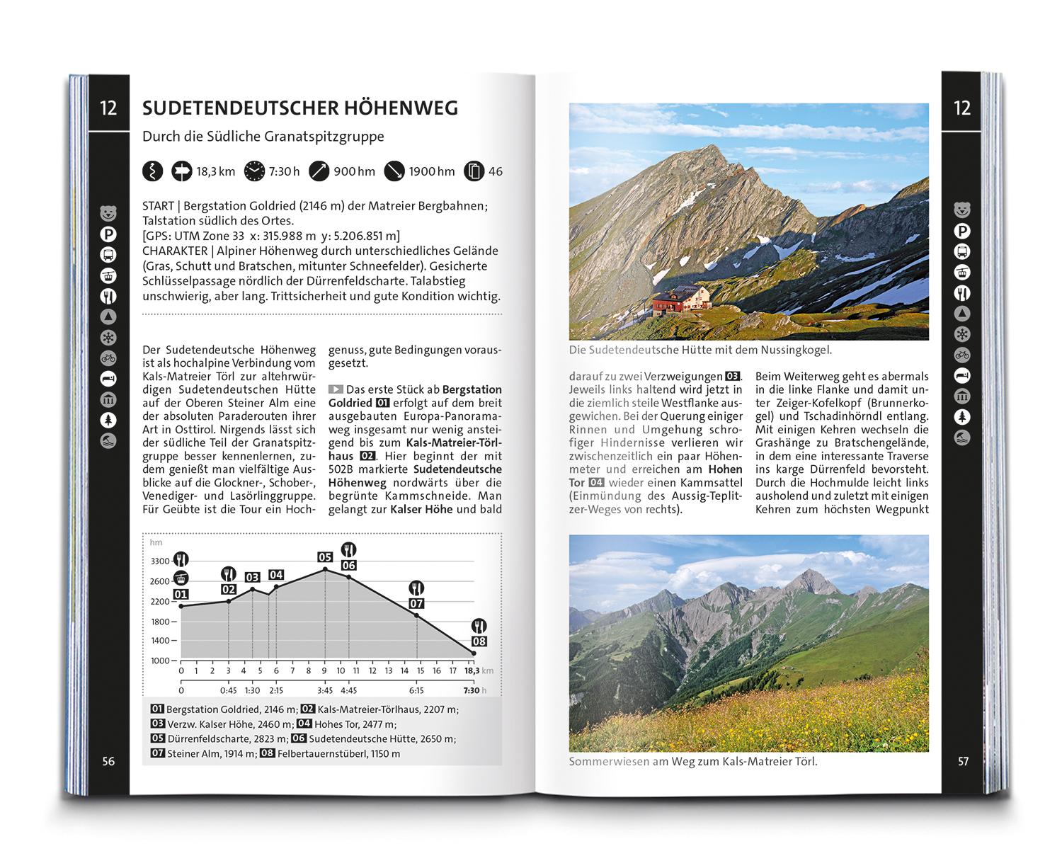 Beispielinhalt (Bild) KOMPASS Wanderführer Osttirol, Venediger- und Glocknergruppe, Defereggental, Lienzer Dolomiten, 50 Touren mit Extra-Tourenkarte