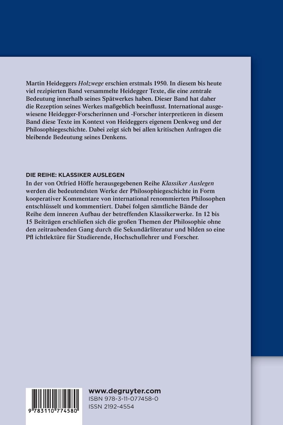 Rückseitencover Martin Heidegger: Holzwege