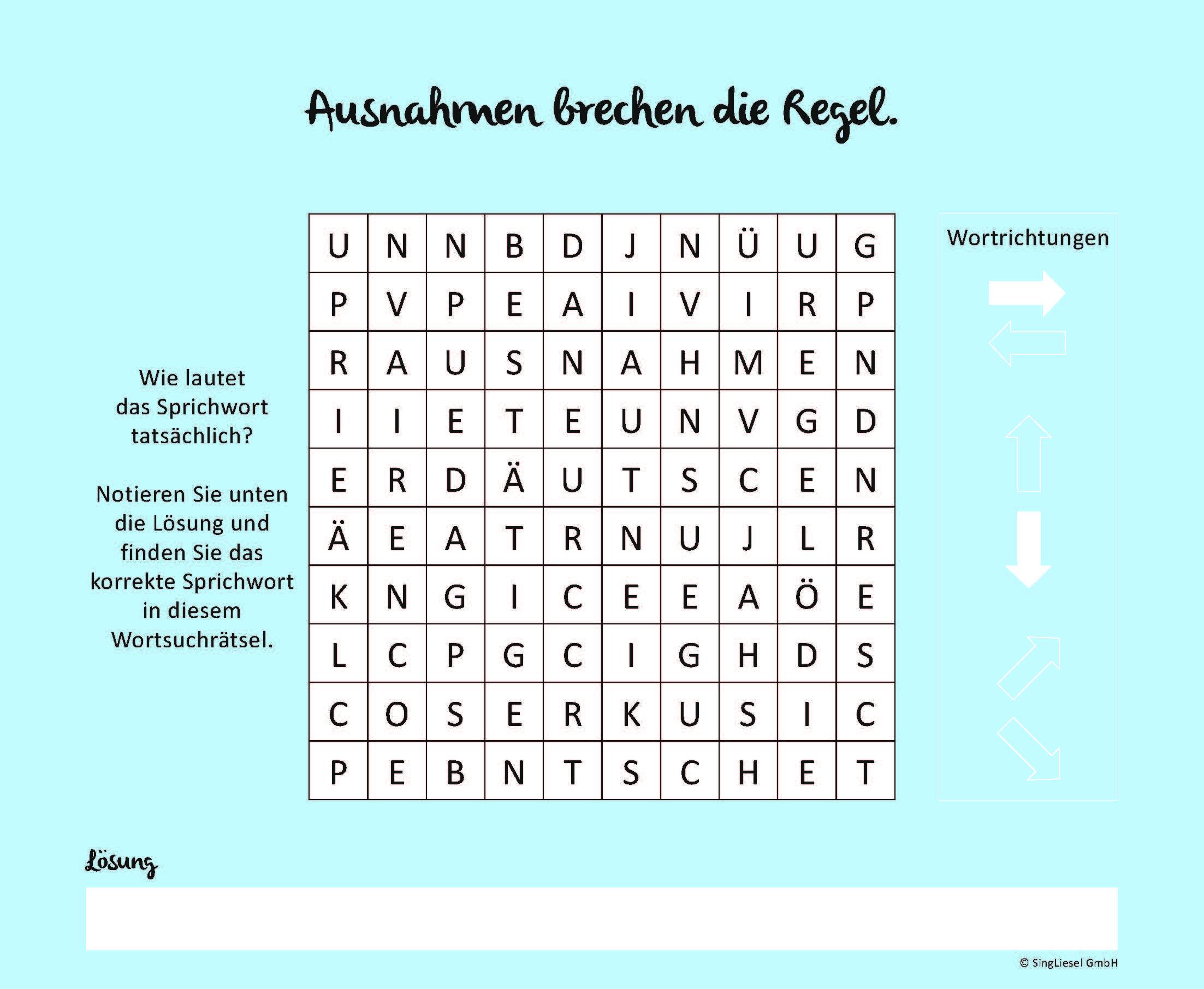 Beispielinhalt (Bild) Wortsuchrätsel für Senioren mit lustig-verdrehten Sprichwörtern. Rätsel-Spaß, Beschäftigung und Gedächtnistraining für Senioren. Auch mit Demenz. Großdruck.