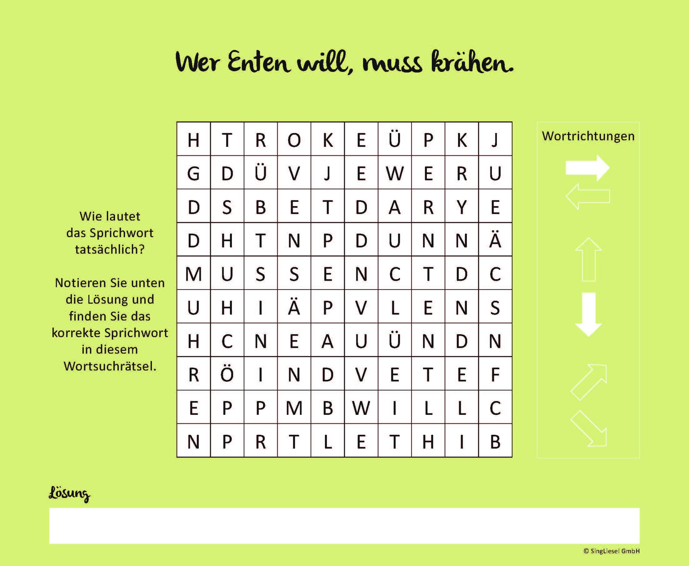 Beispielinhalt (Bild) Wortsuchrätsel für Senioren mit lustig-verdrehten Sprichwörtern. Rätsel-Spaß, Beschäftigung und Gedächtnistraining für Senioren. Auch mit Demenz. Großdruck.
