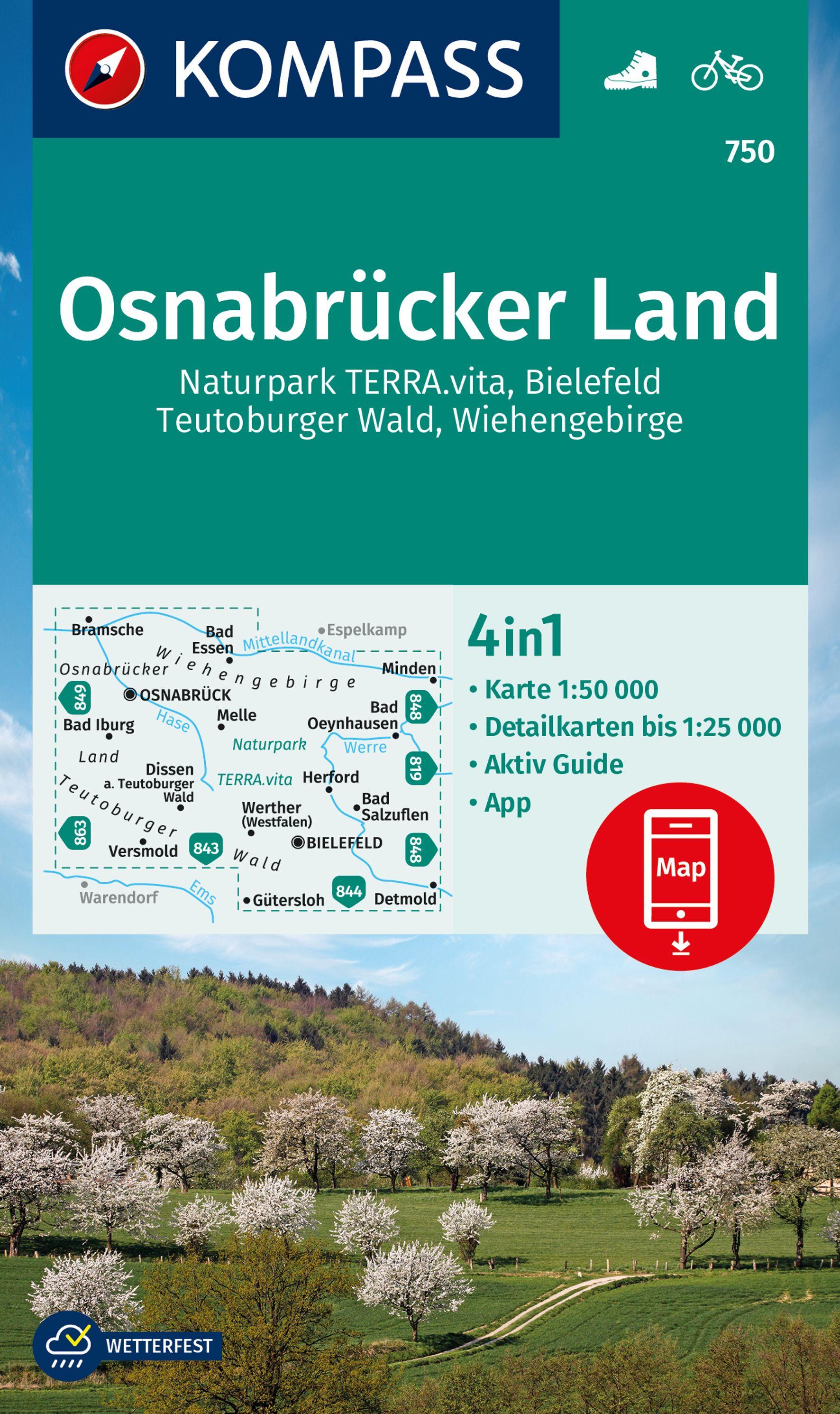 Vorderes Coverbild KOMPASS Wanderkarte 750 Osnabrücker Land, NP TERRA.vita, Bielefeld, Teutoburger Wald, Wiehengeb. 1:50.000