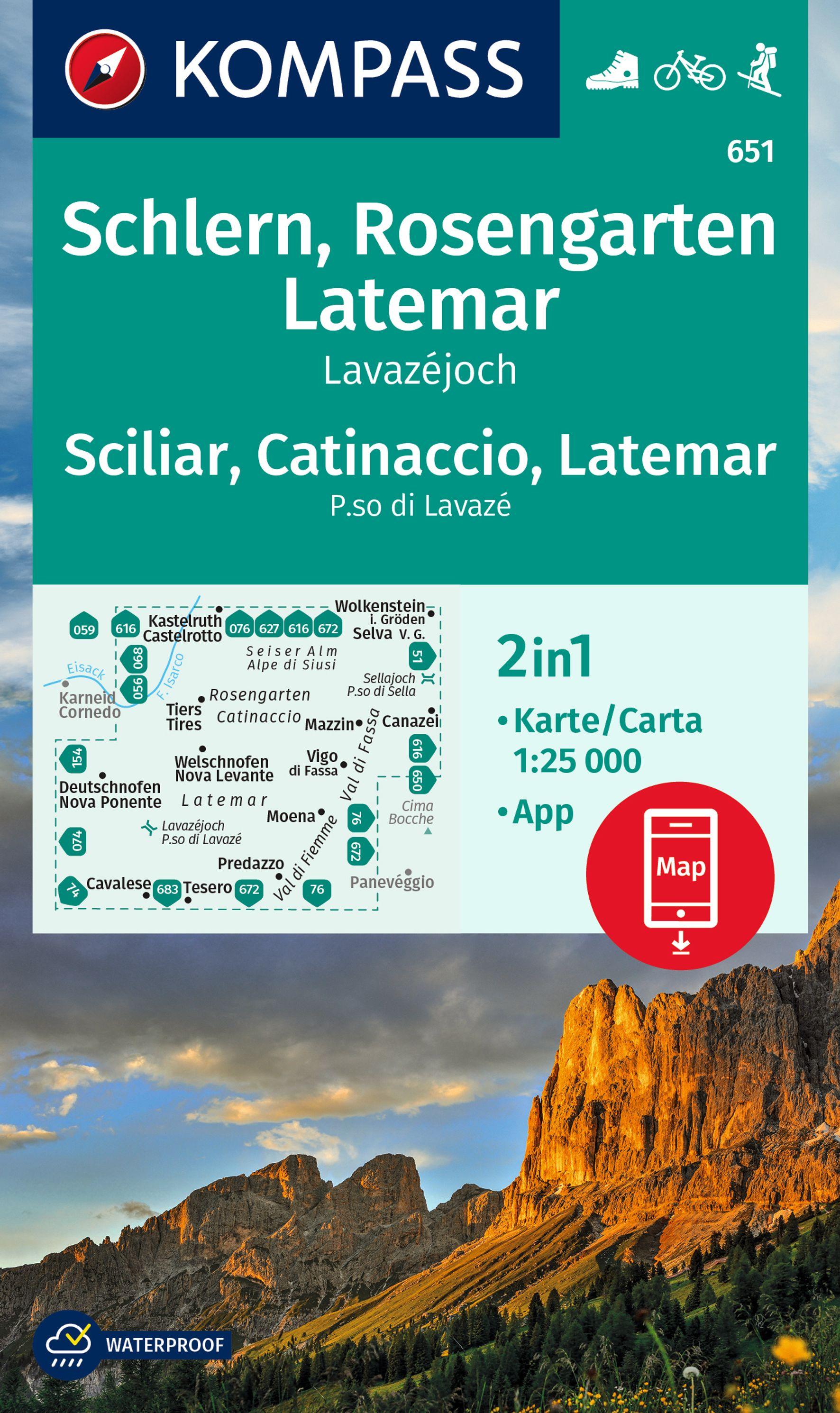 Vorderes Coverbild KOMPASS Wanderkarte 651 Schlern, Rosengarten, Latemar, Lavazejoch / Sciliar, Catinaccio, Latemar, Passo di Lavaze 1:25.000