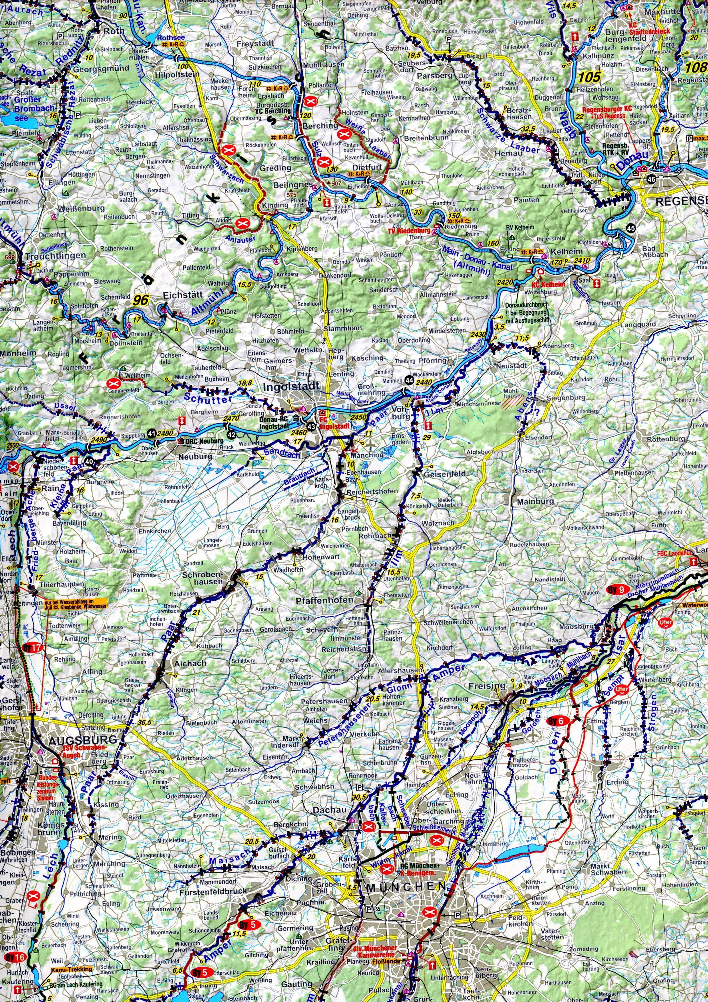 Beispielinhalt (Bild) Wassersport-Wanderkarte 04. Deutschland-Südost mit Altmühl, Naab und Regen für Kanu- und Rudersport