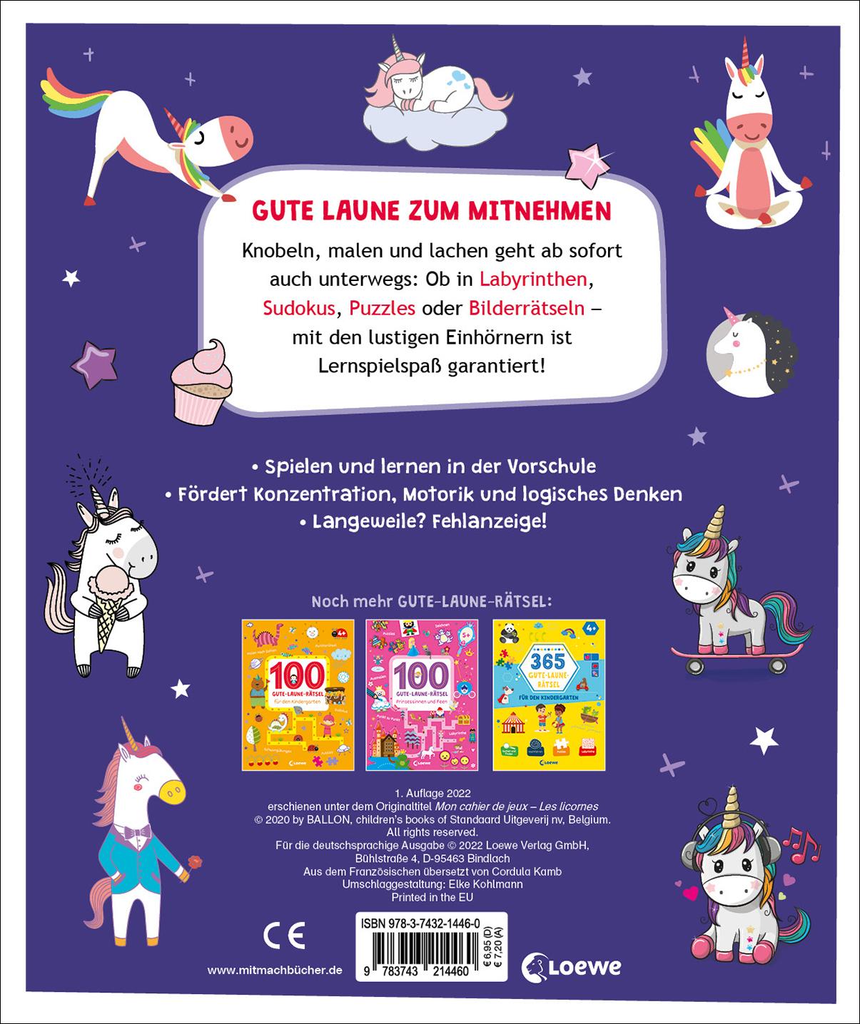 Rückseitencover Gute-Laune-Rätsel für unterwegs - Einhörner