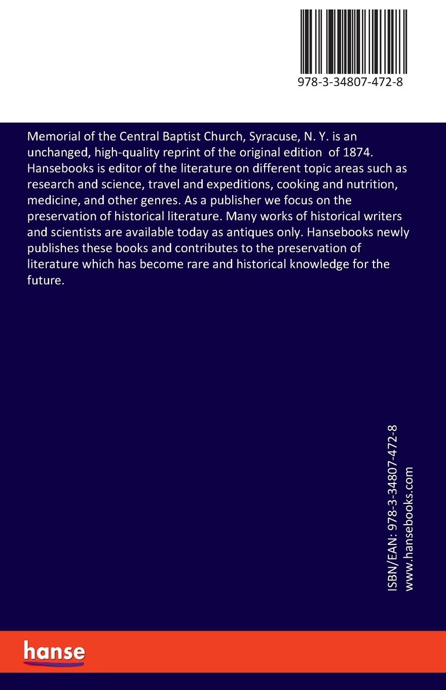 Rückseitencover Memorial of the Central Baptist Church, Syracuse, N. Y.