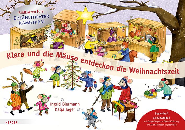 Vorderes Coverbild Klara und die Mäuse entdecken die Weihnachtszeit. Bildkarten fürs Erzähltheater Kamishibai