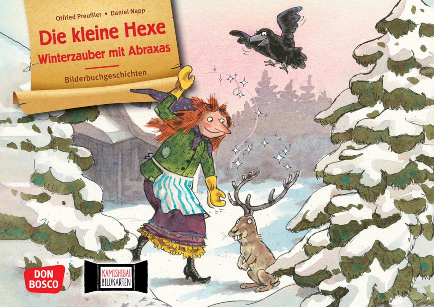 Vorderes Coverbild Die kleine Hexe. Winterzauber mit Abraxas. Kamishibai Bildkartenset