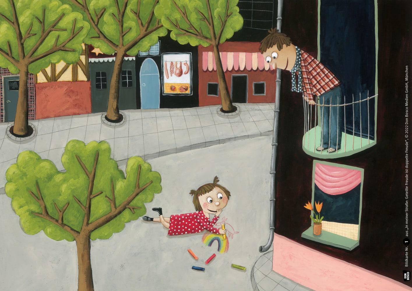 Beispielinhalt (Bild) In meiner Straße: Geteilte Freude ist doppelte Freude. Kamishibai Bildkartenset