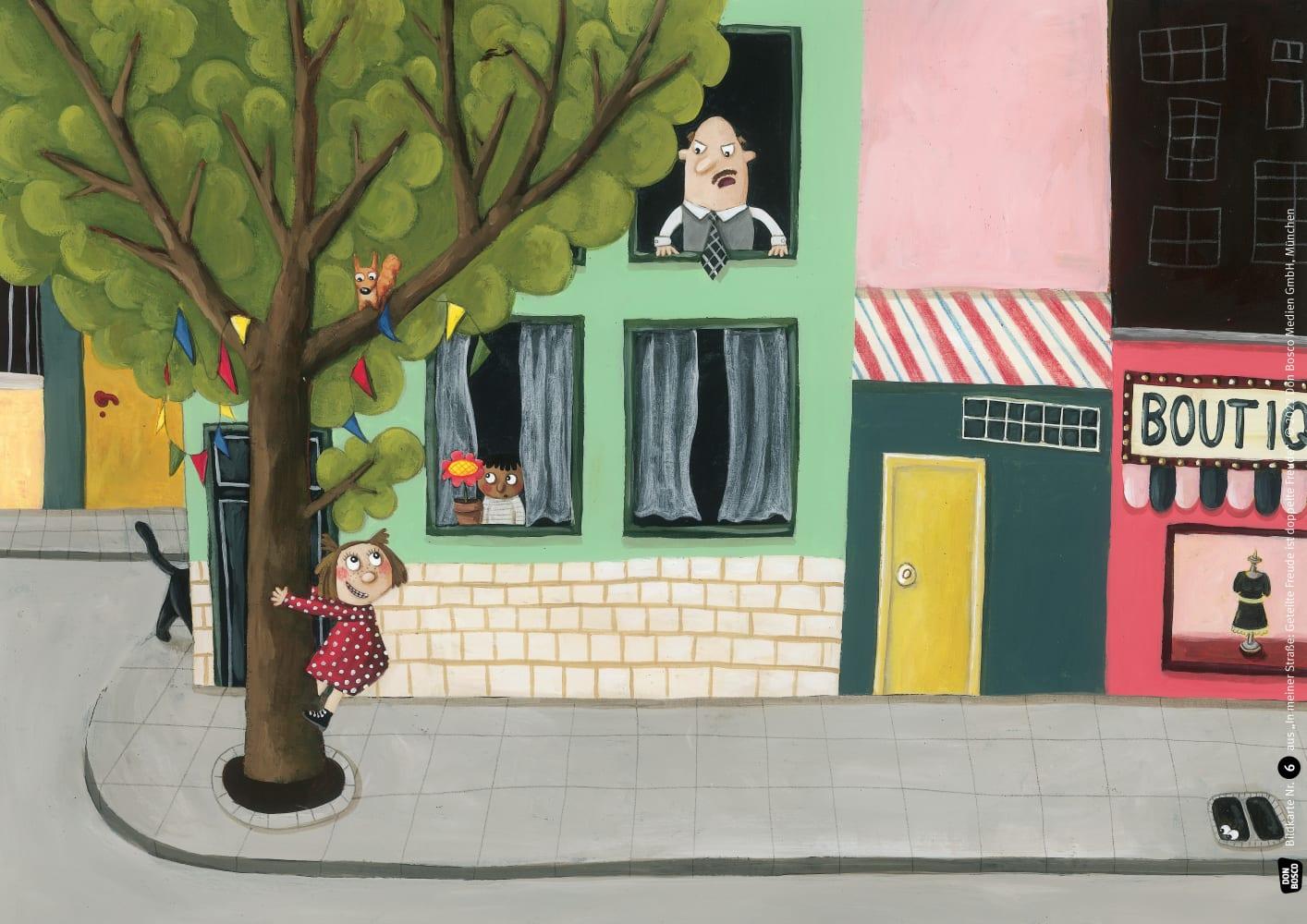 Beispielinhalt (Bild) In meiner Straße: Geteilte Freude ist doppelte Freude. Kamishibai Bildkartenset