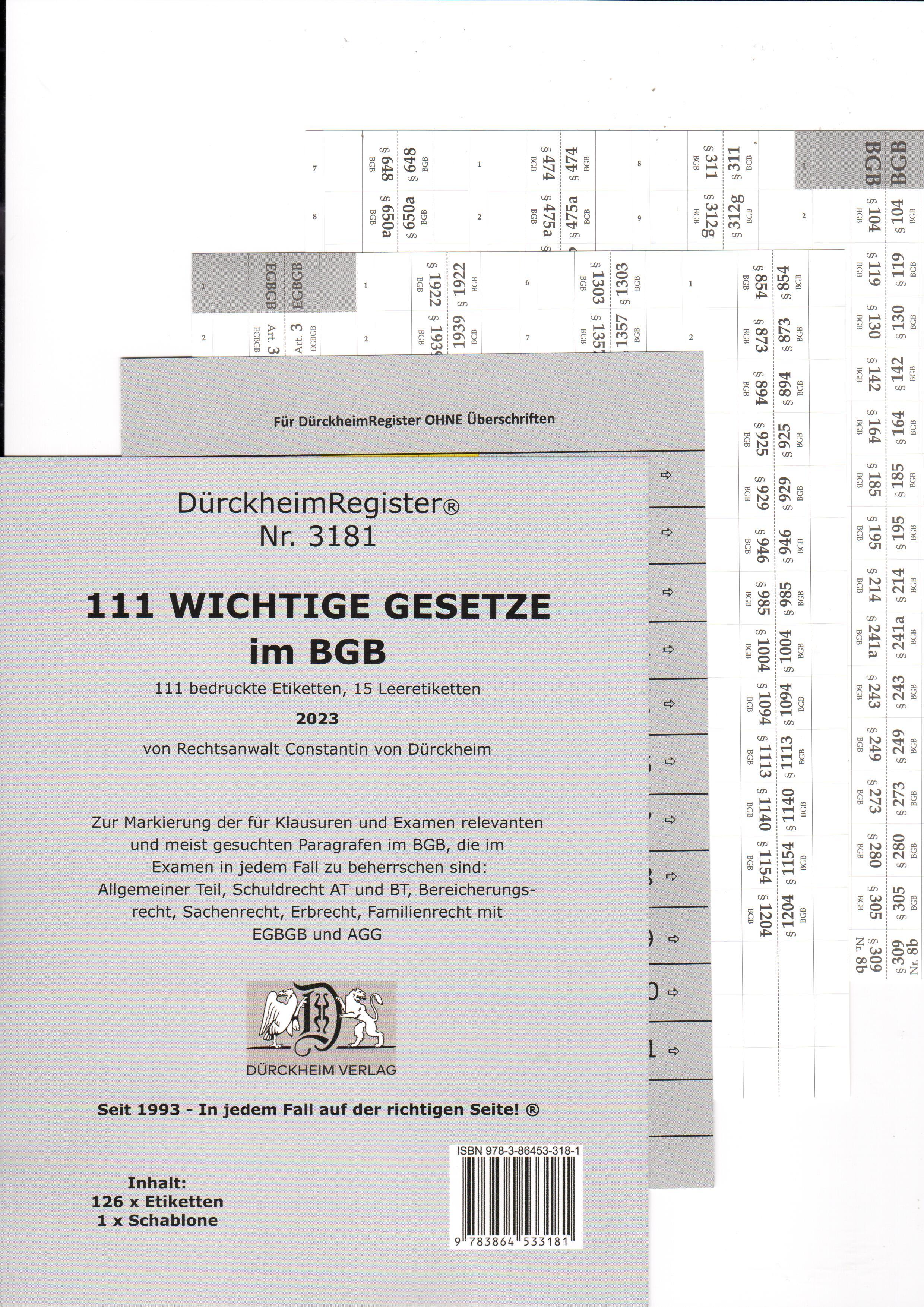 Vorderes Coverbild DürckheimRegister® BGB - 111 WICHTIGE §§ im BGB