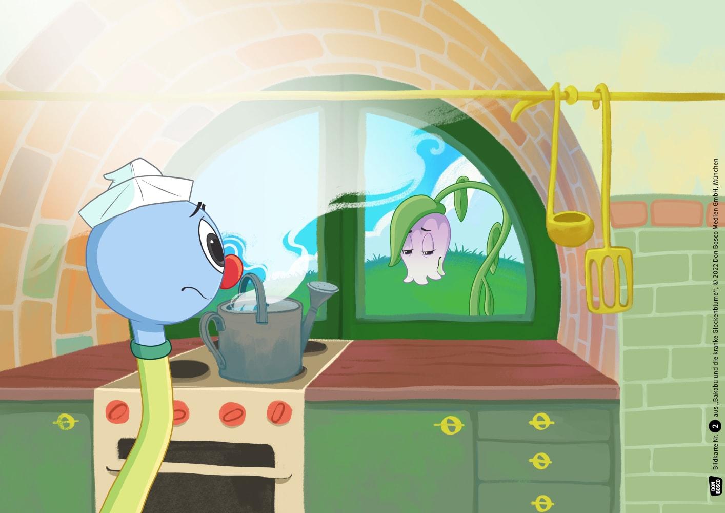 Beispielinhalt (Bild) Bakabu und die kranke Glockenblume. Kamishibai Bildkartenset