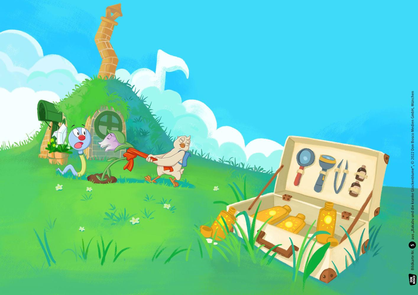 Beispielinhalt (Bild) Bakabu und die kranke Glockenblume. Kamishibai Bildkartenset