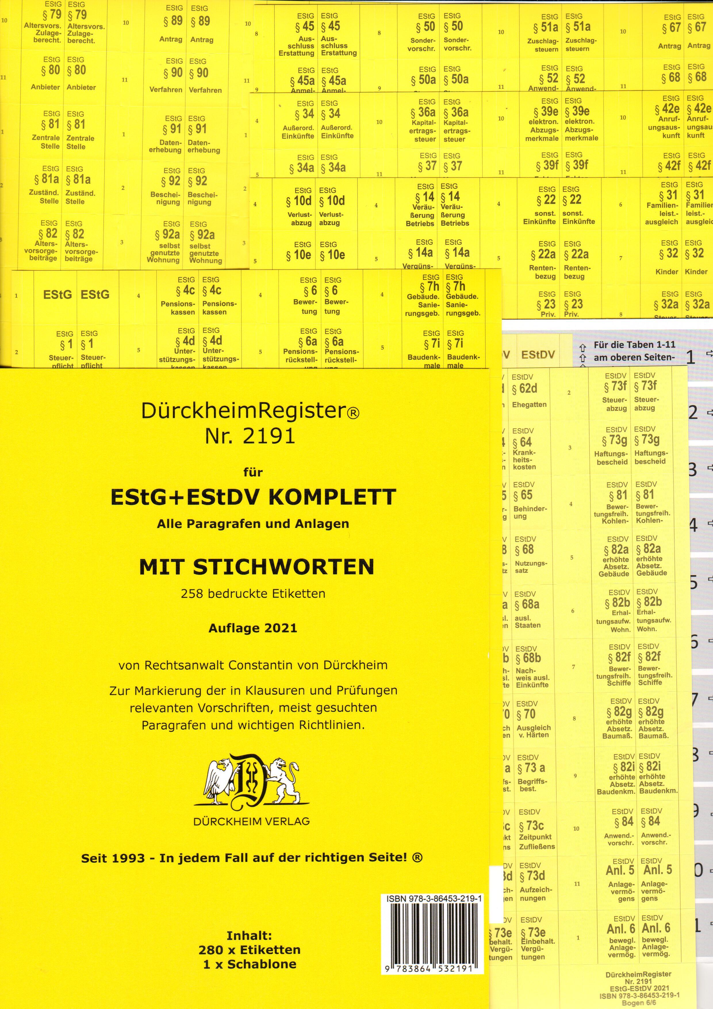 Vorderes Coverbild DürckheimRegister® EStG+EStDV KOMPLETT alle §§ MIT STICHWORTEN