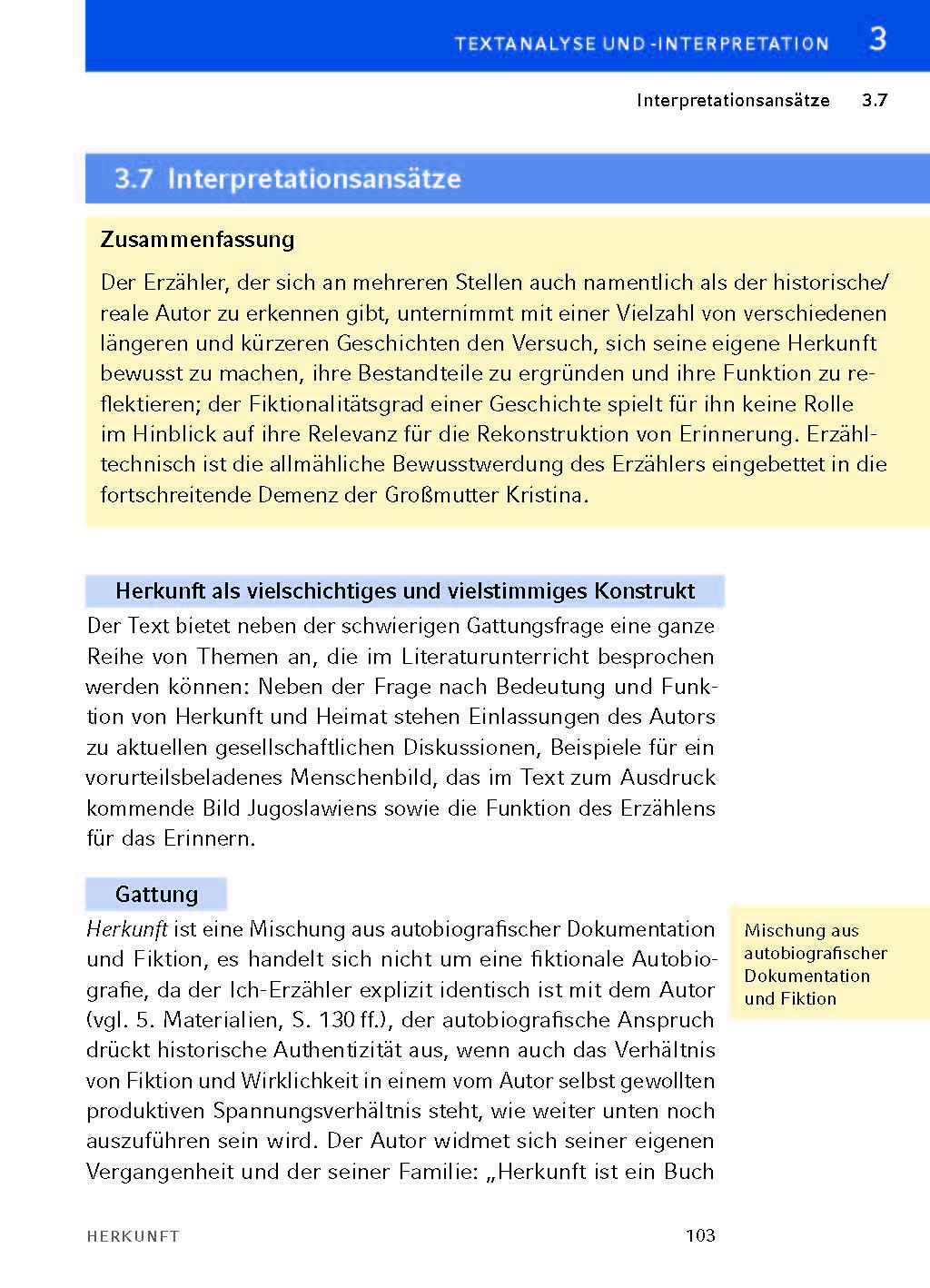 Beispielinhalt (Bild) Herkunft - Textanalyse und Interpretation