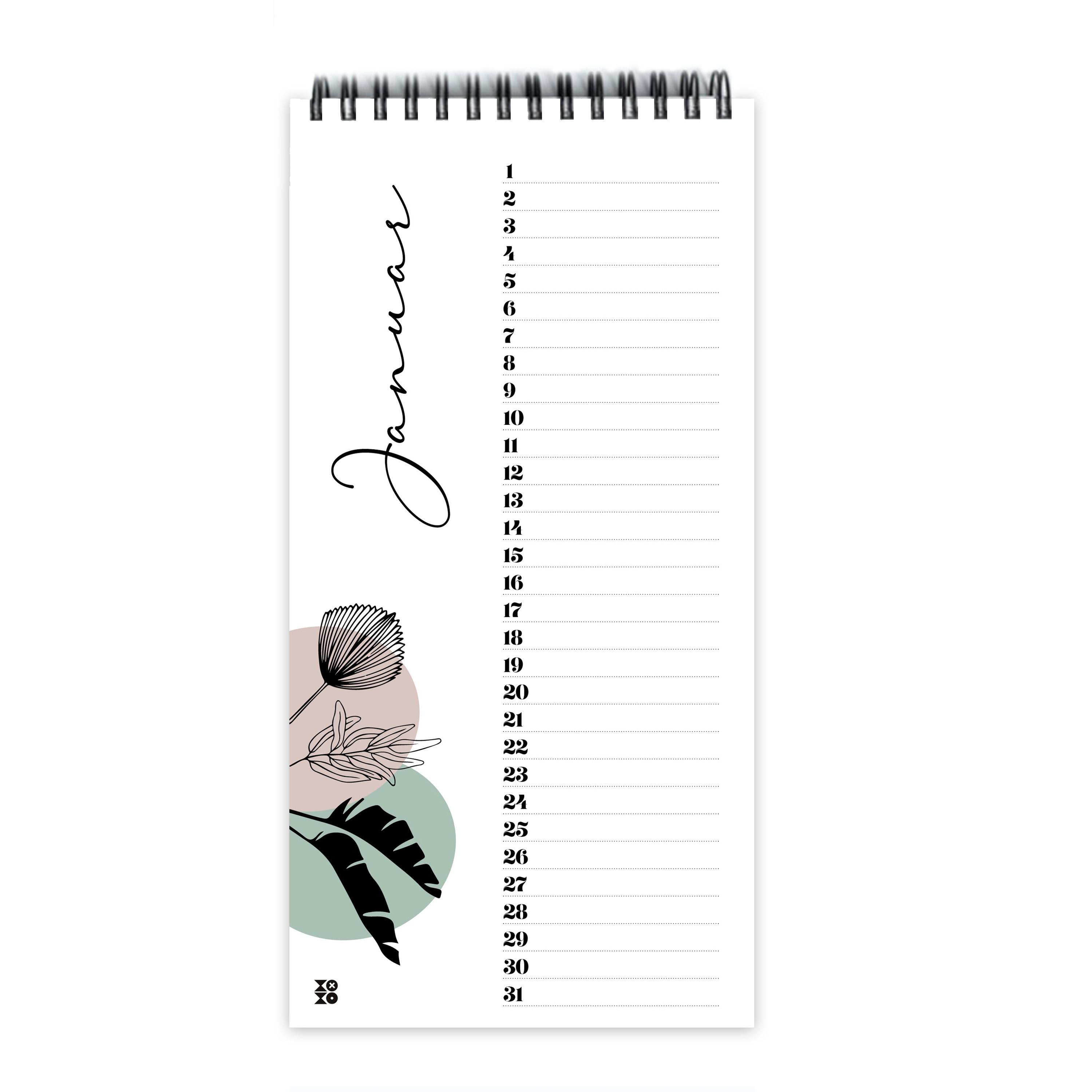 Beispielinhalt (Bild) Geburtstagskalender "leaves line art", ohne Jahreszahl