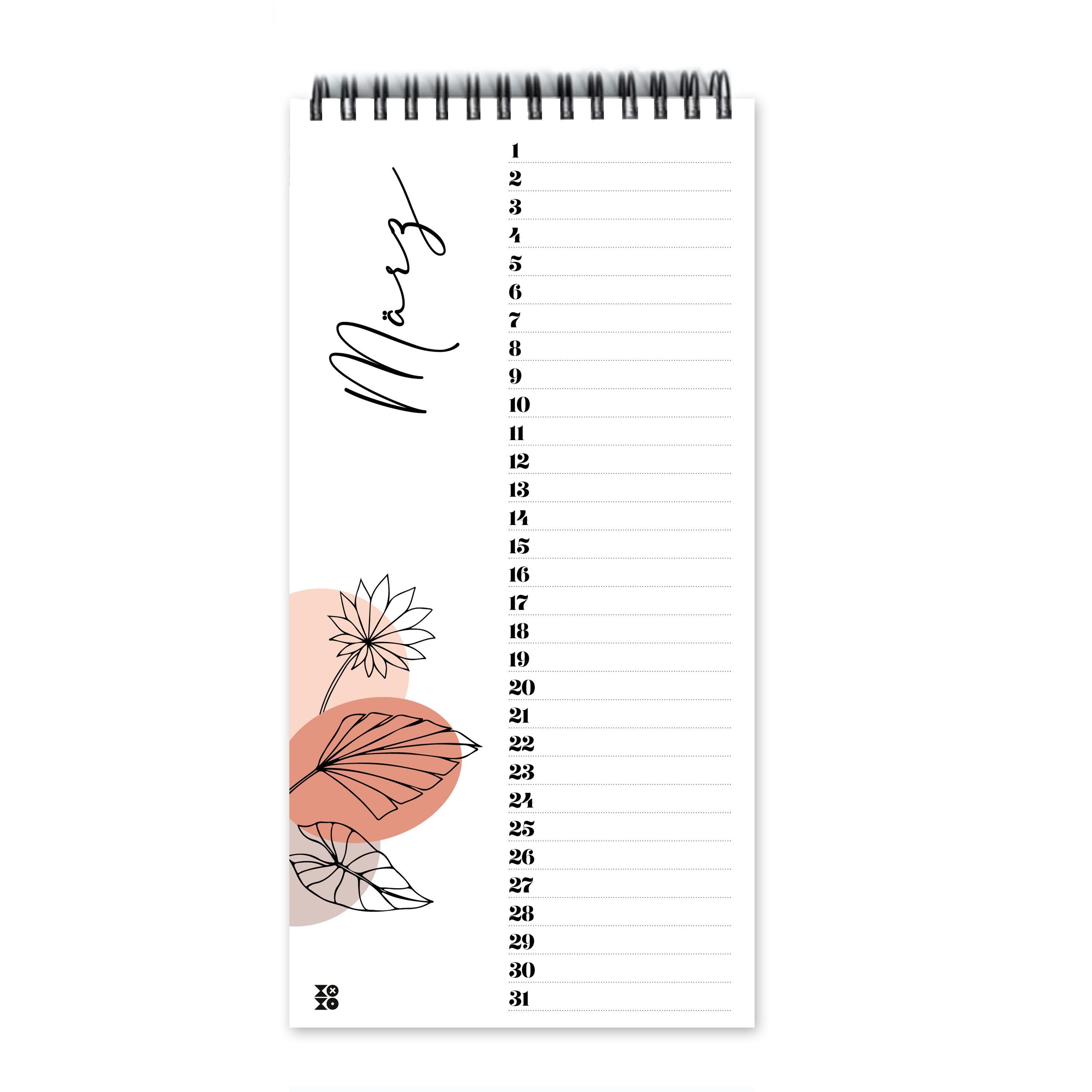 Beispielinhalt (Bild) Geburtstagskalender "leaves line art", ohne Jahreszahl
